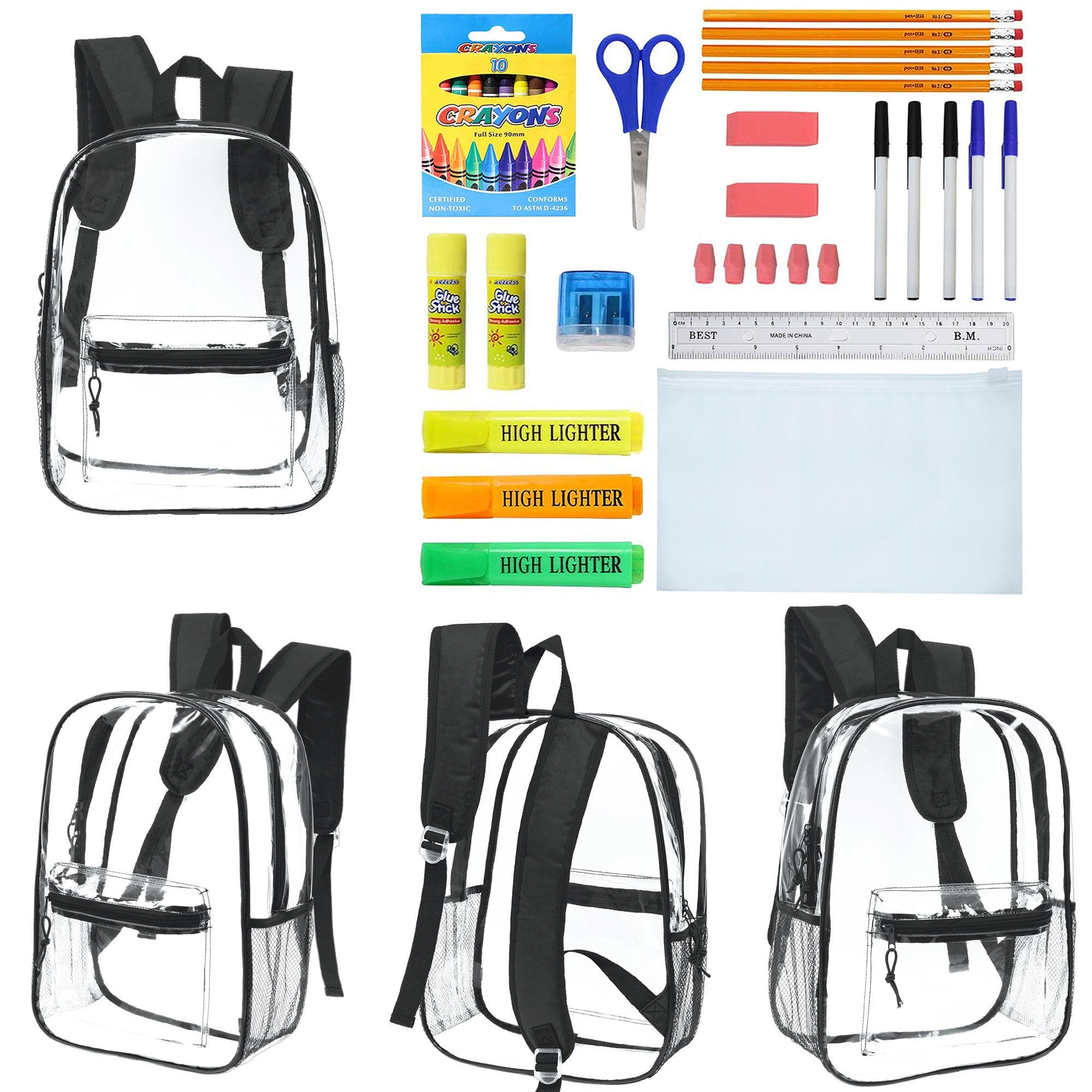 12 Wholesale 17" Clear Backpacks with Black Trim & 12 Bulk School Supply Kits of Your Choice
