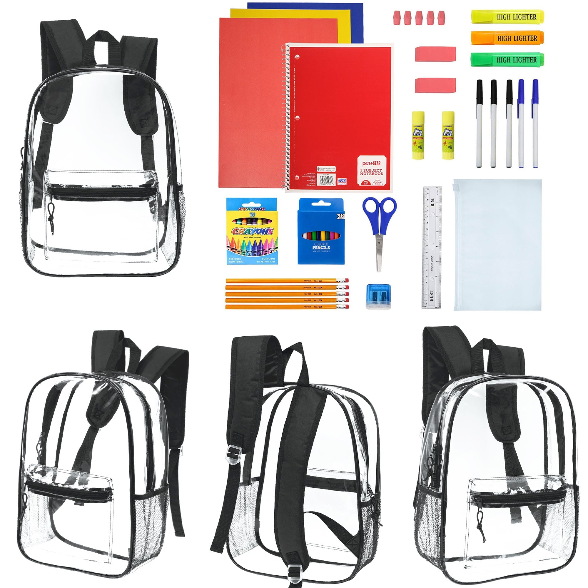 12 Wholesale 17" Clear Backpacks with Black Trim & 12 Bulk School Supply Kits of Your Choice