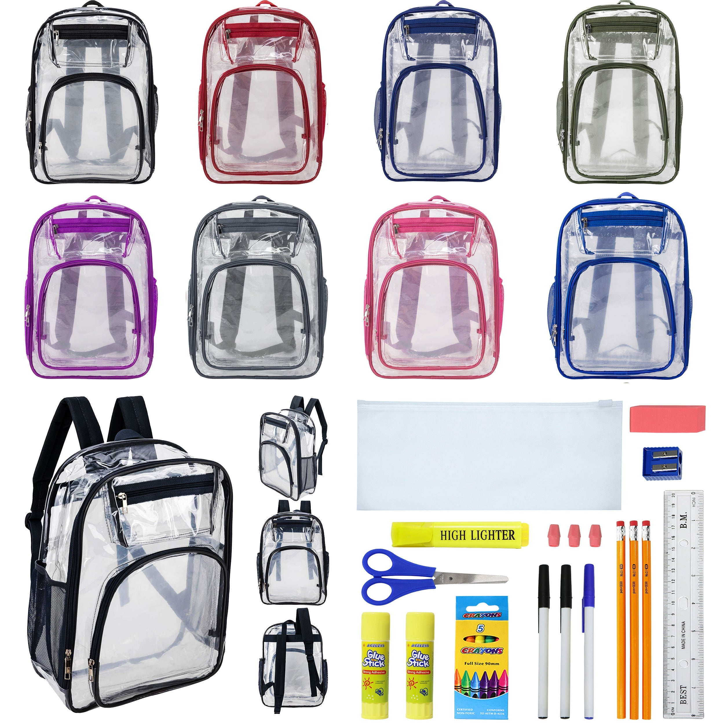 12 Premium 17" Wholesale Clear Backpacks in 8 Colors & 12 Bulk School Supply Kits of Your Choice