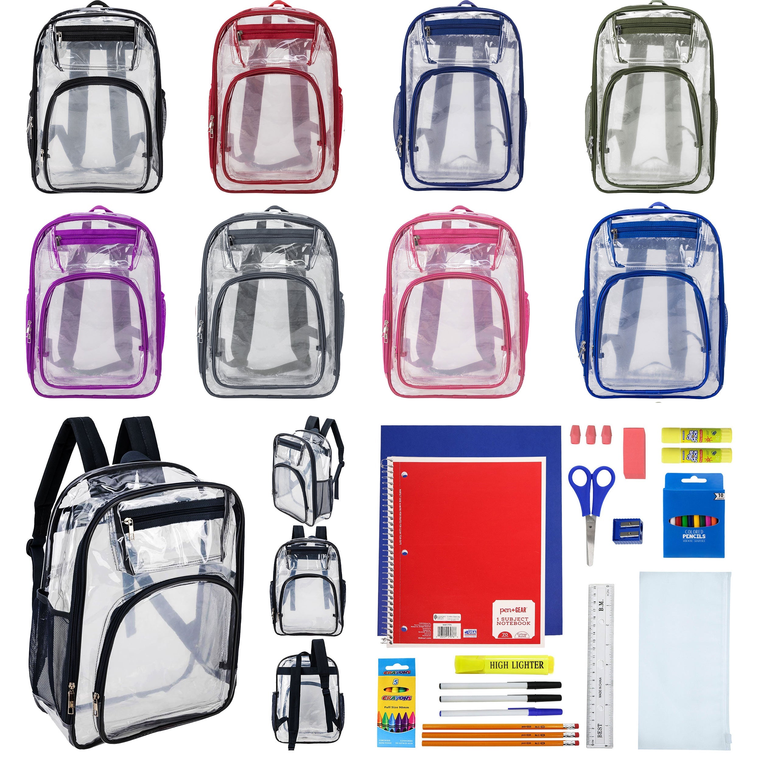 12 Premium 17" Wholesale Clear Backpacks in 8 Colors & 12 Bulk School Supply Kits of Your Choice