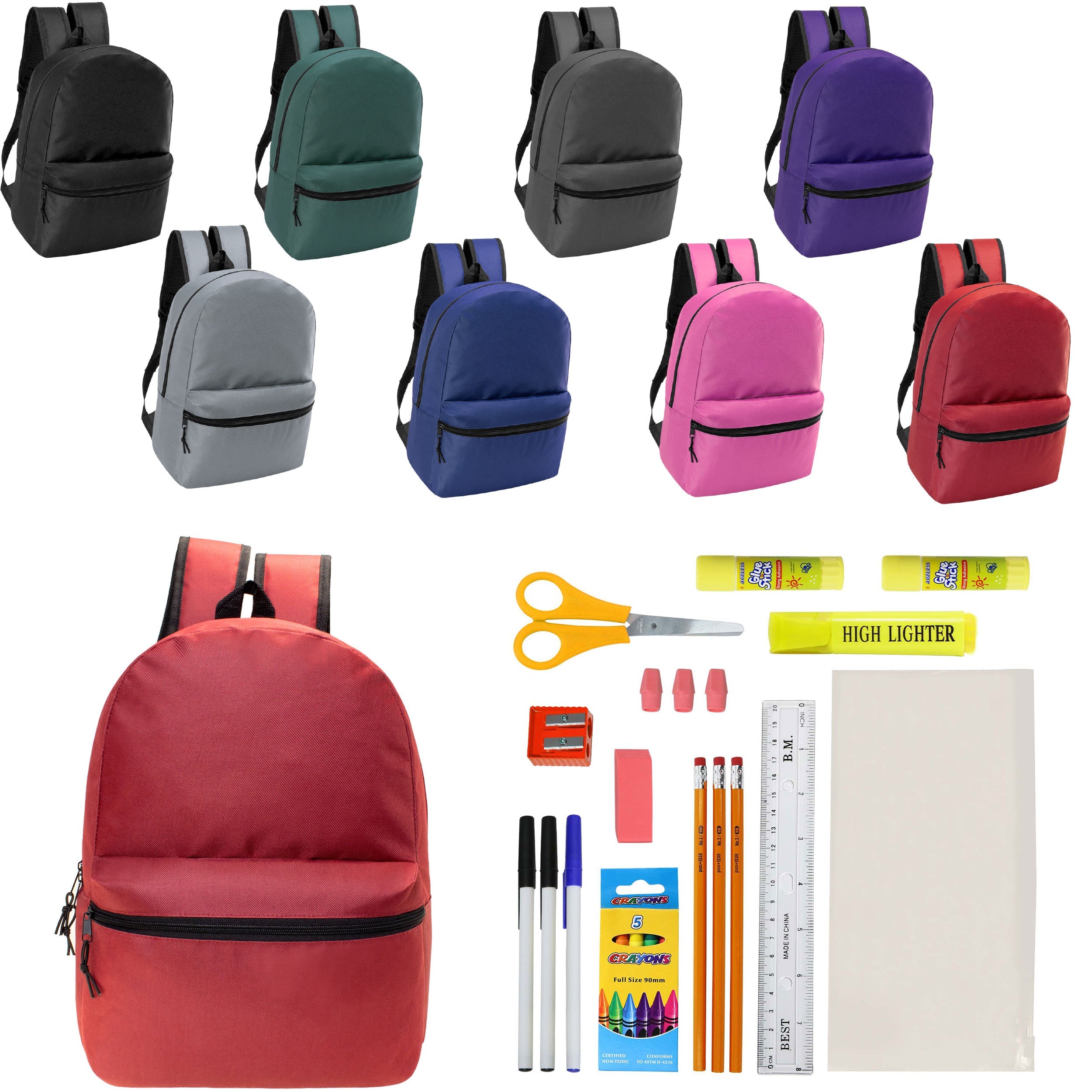 12 Wholesale 17" Basic Wholesale Backpack in 8 Colors & 12 Bulk School Supply Kits of Your Choice