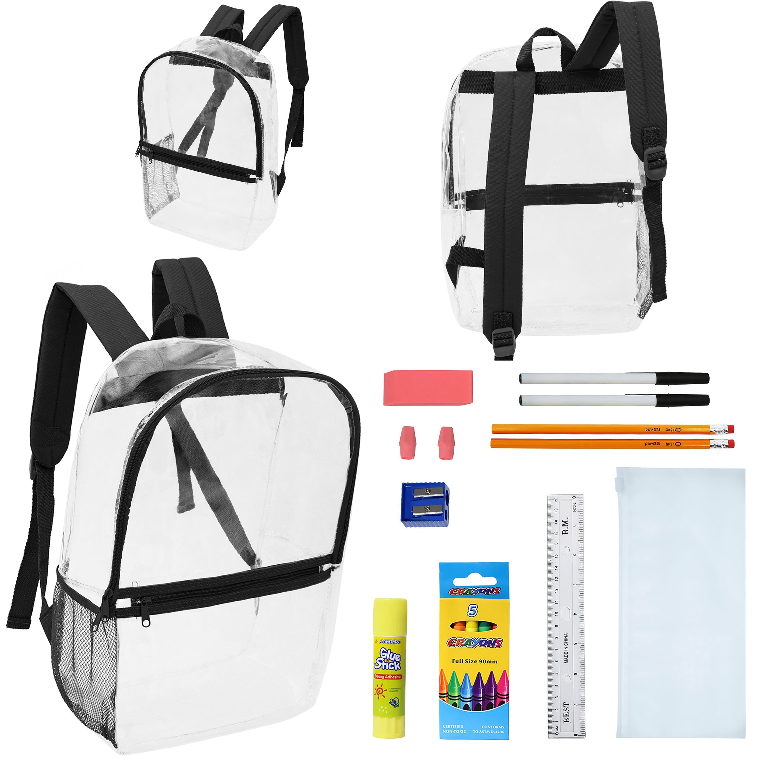 12 Clear 17" Wholesale Backpacks with Black Trim & 12 Bulk School Supply Kits of Your Choice