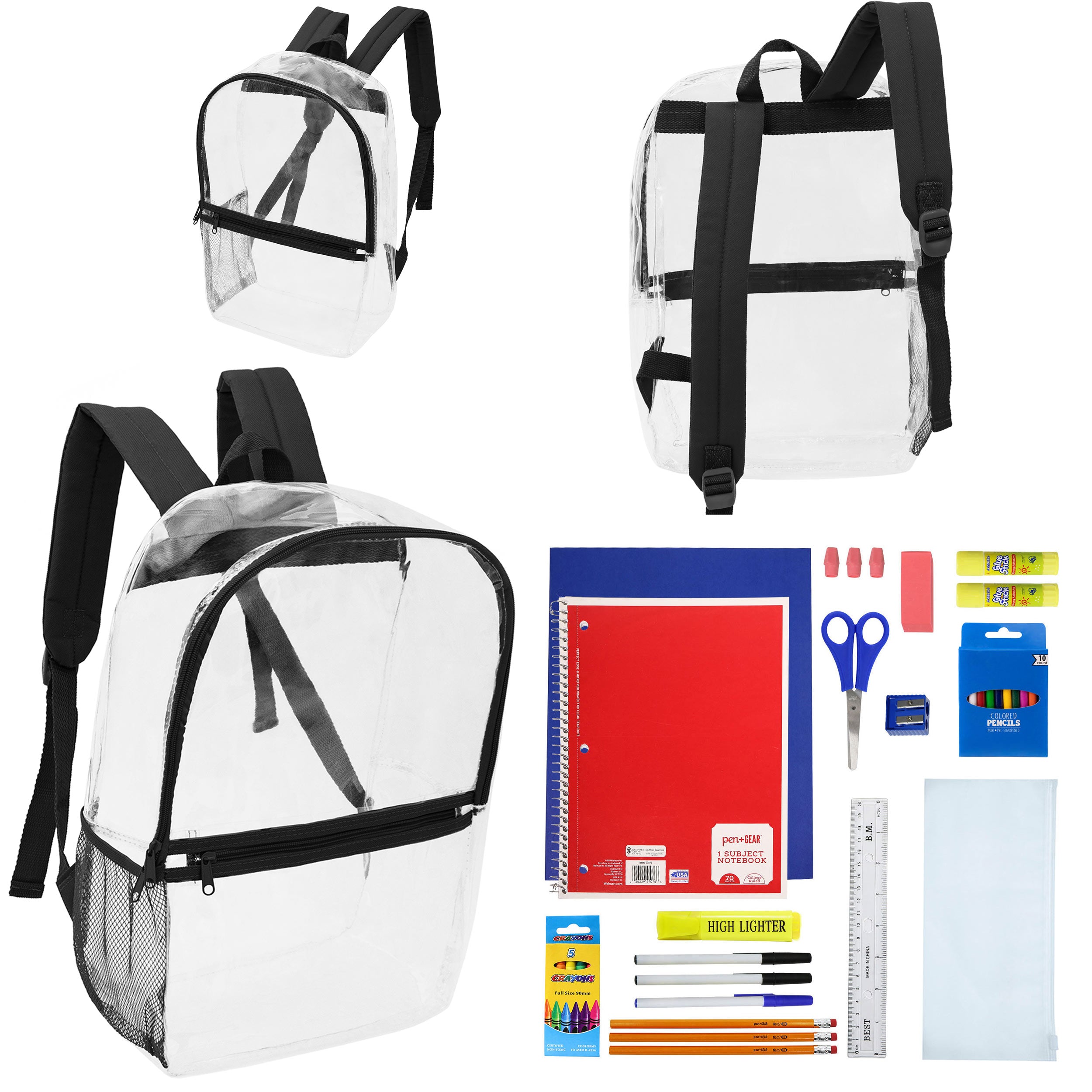 12 Clear 17" Wholesale Backpacks with Black Trim & 12 Bulk School Supply Kits of Your Choice