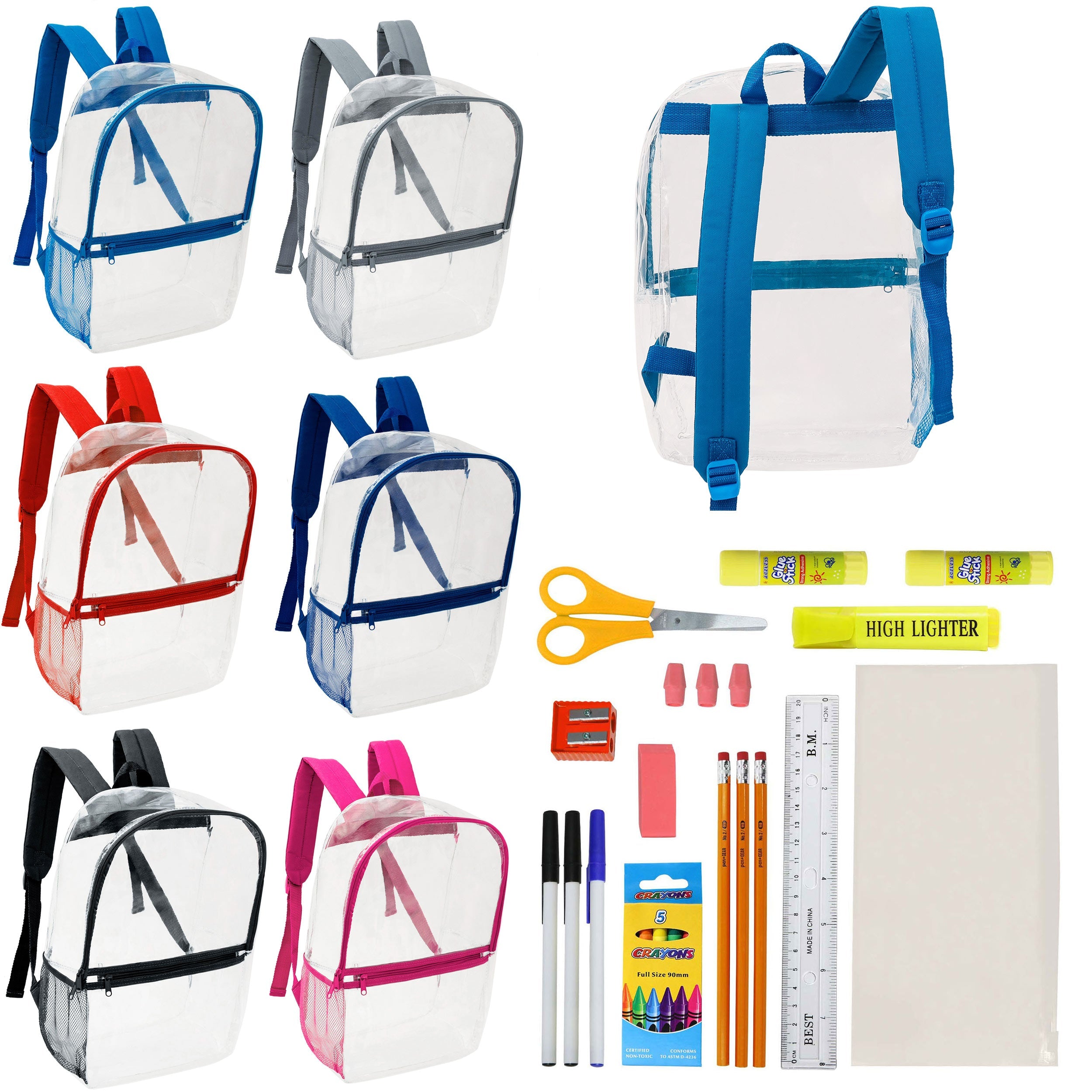 12 Clear 17" Wholesale Backpacks in Assorted Colors & 12 Bulk School Supply Kits of Your Choice
