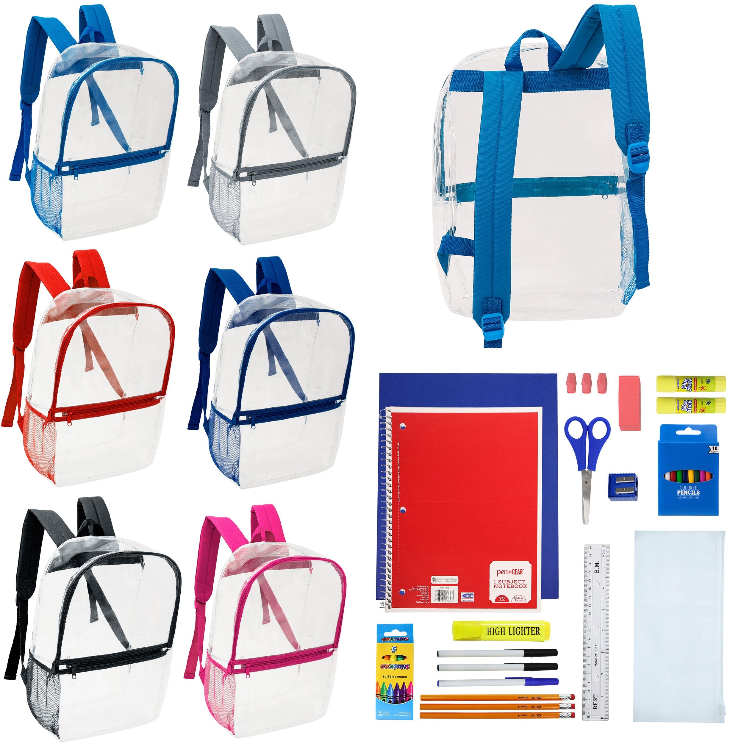 12 Clear 17" Wholesale Backpacks in Assorted Colors & 12 Bulk School Supply Kits of Your Choice