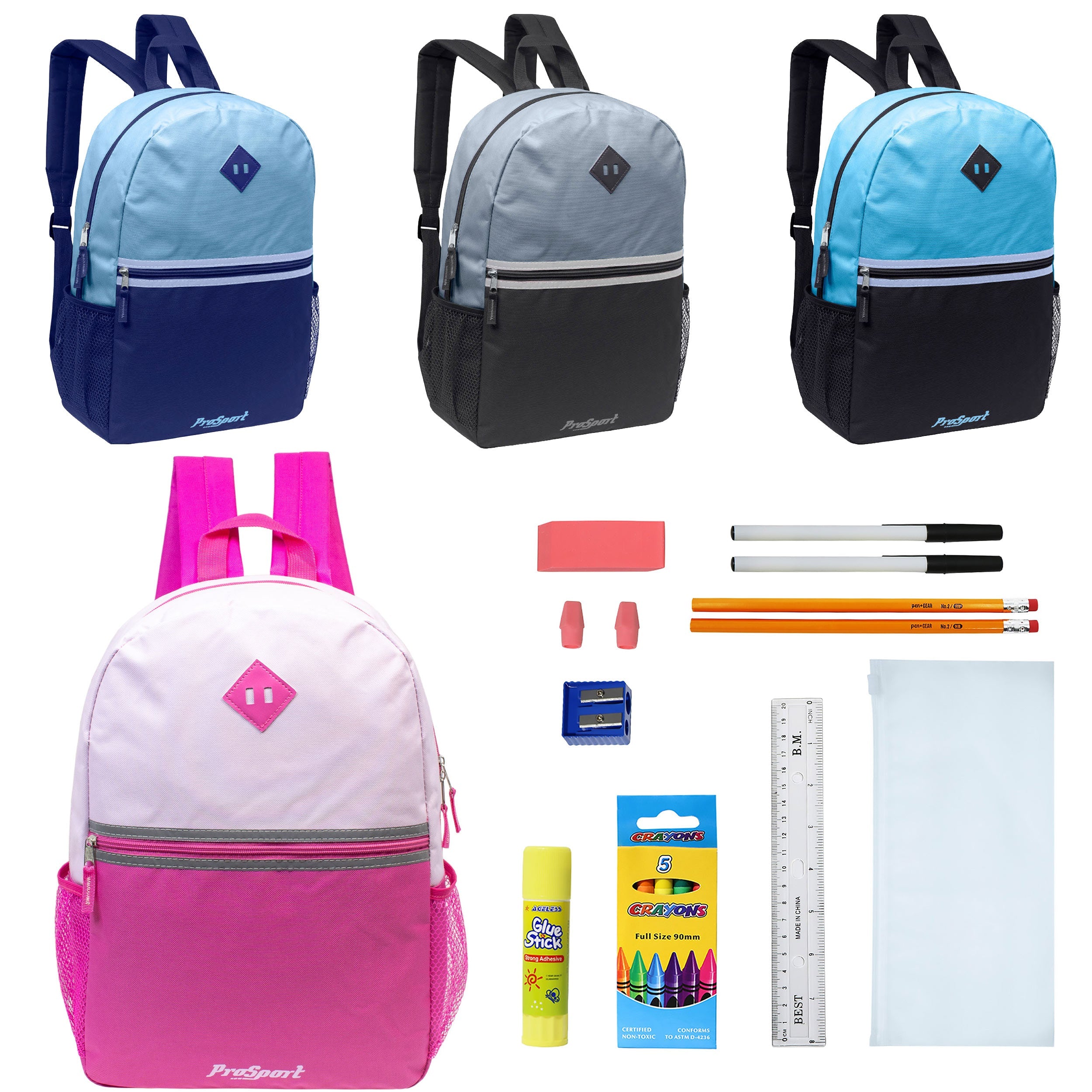 12 Wholesale 17" 2-Tone Backpacks in 4 Colors Combos & 12 Bulk School Supply Kits of Your Choice