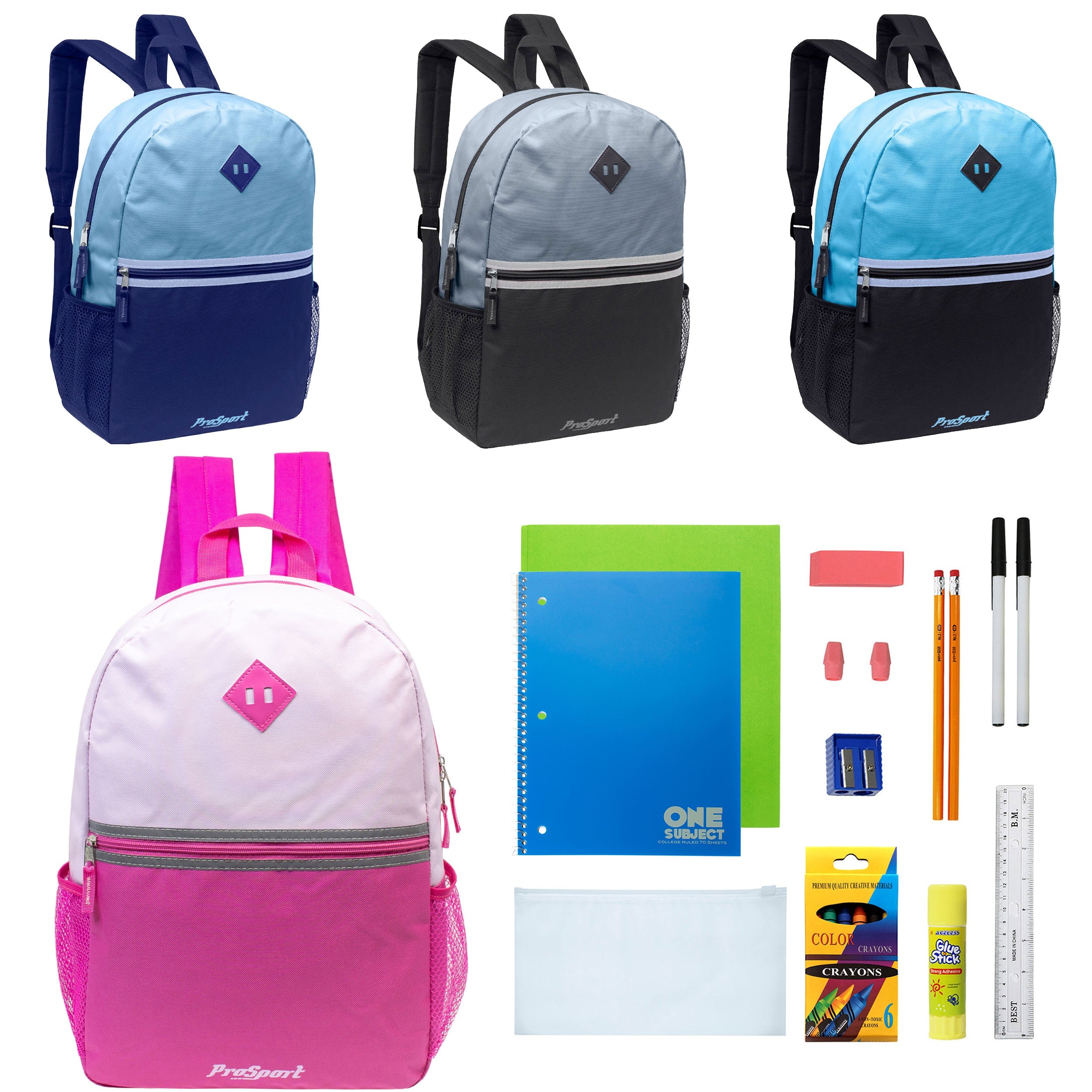 12 Wholesale 17" 2-Tone Backpacks in 4 Colors Combos & 12 Bulk School Supply Kits of Your Choice