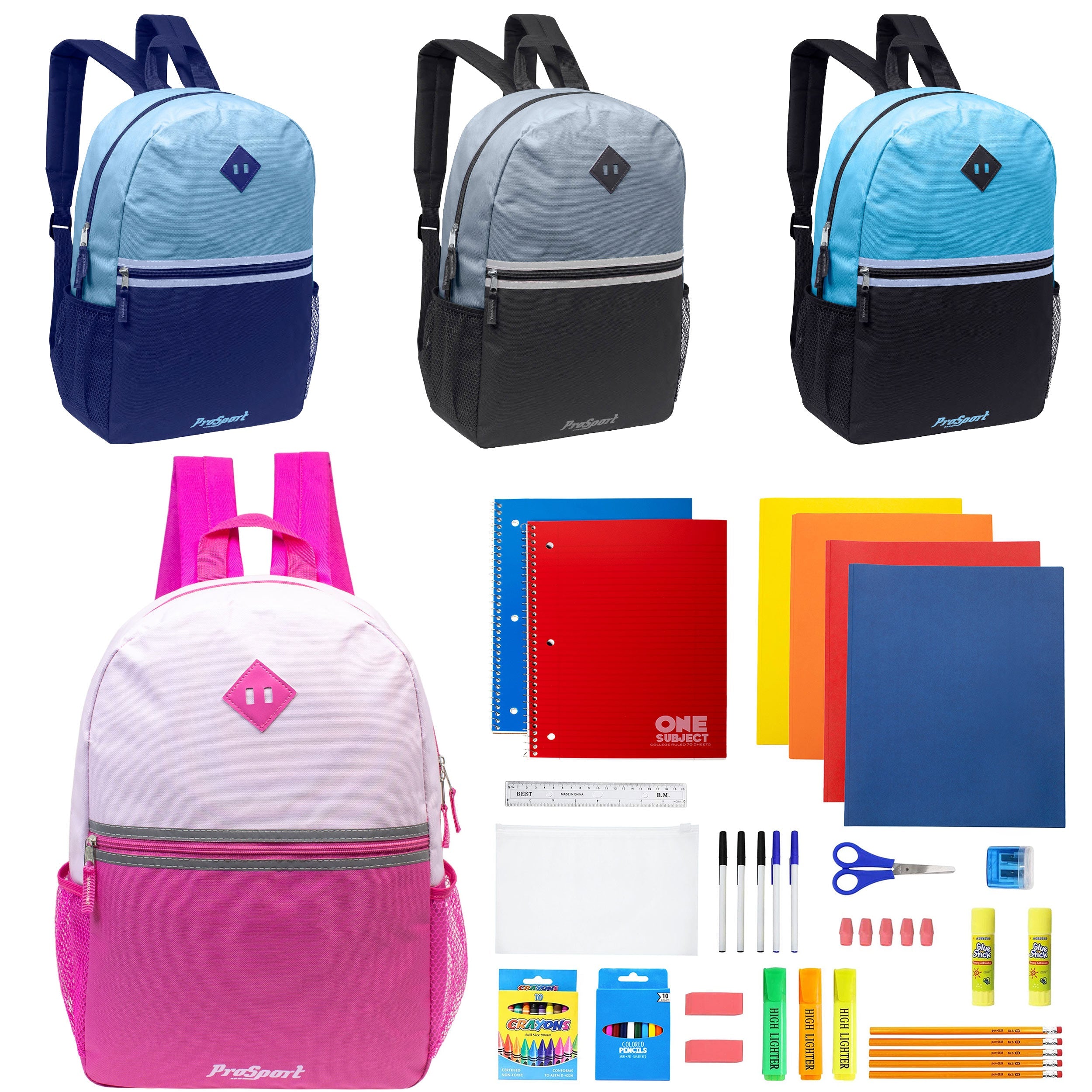 12 Wholesale 17" 2-Tone Backpacks in 4 Colors Combos & 12 Bulk School Supply Kits of Your Choice