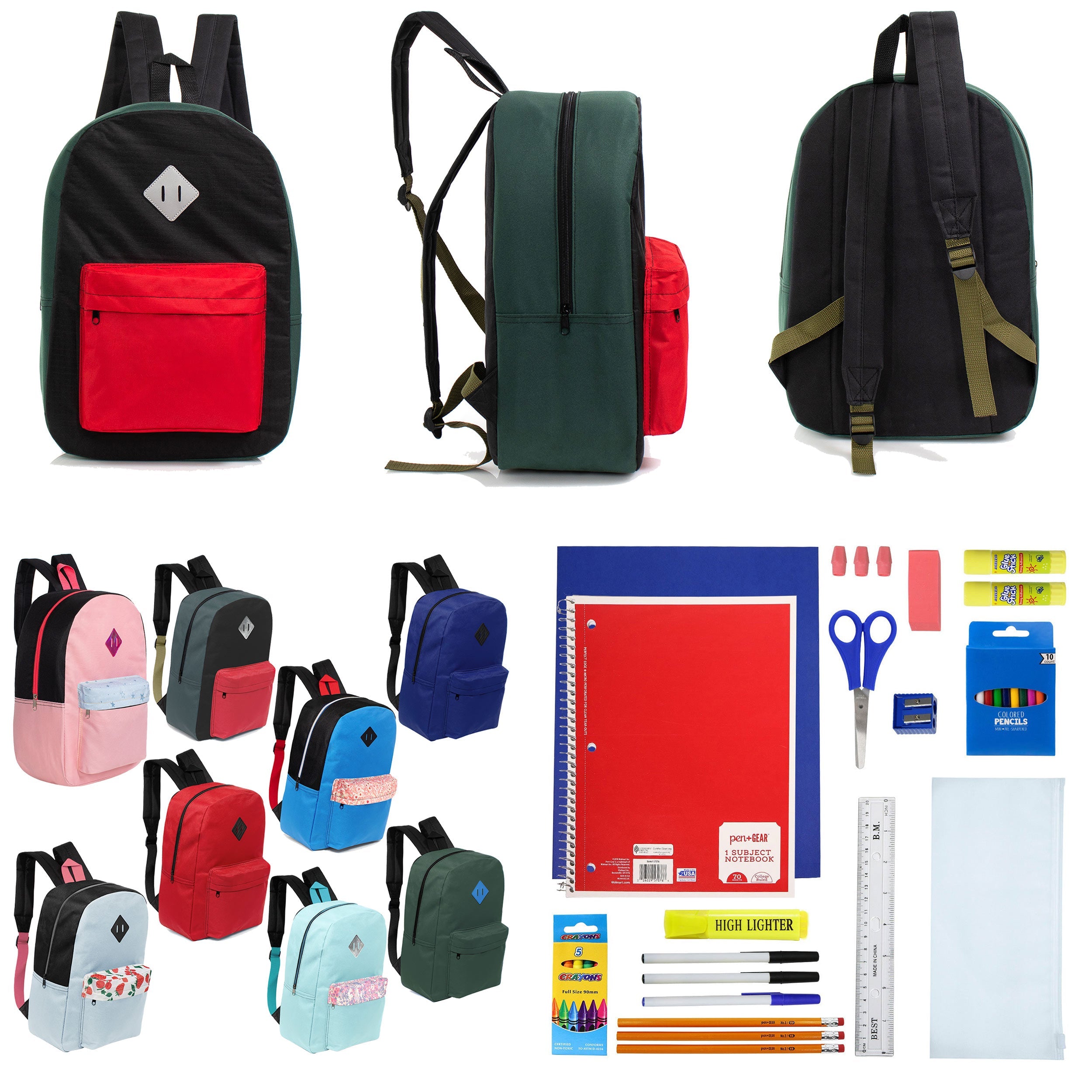 12 Wholesale 17" Padded Backpacks in Random Prints & 12 Bulk School Supply Kits of Your Choice