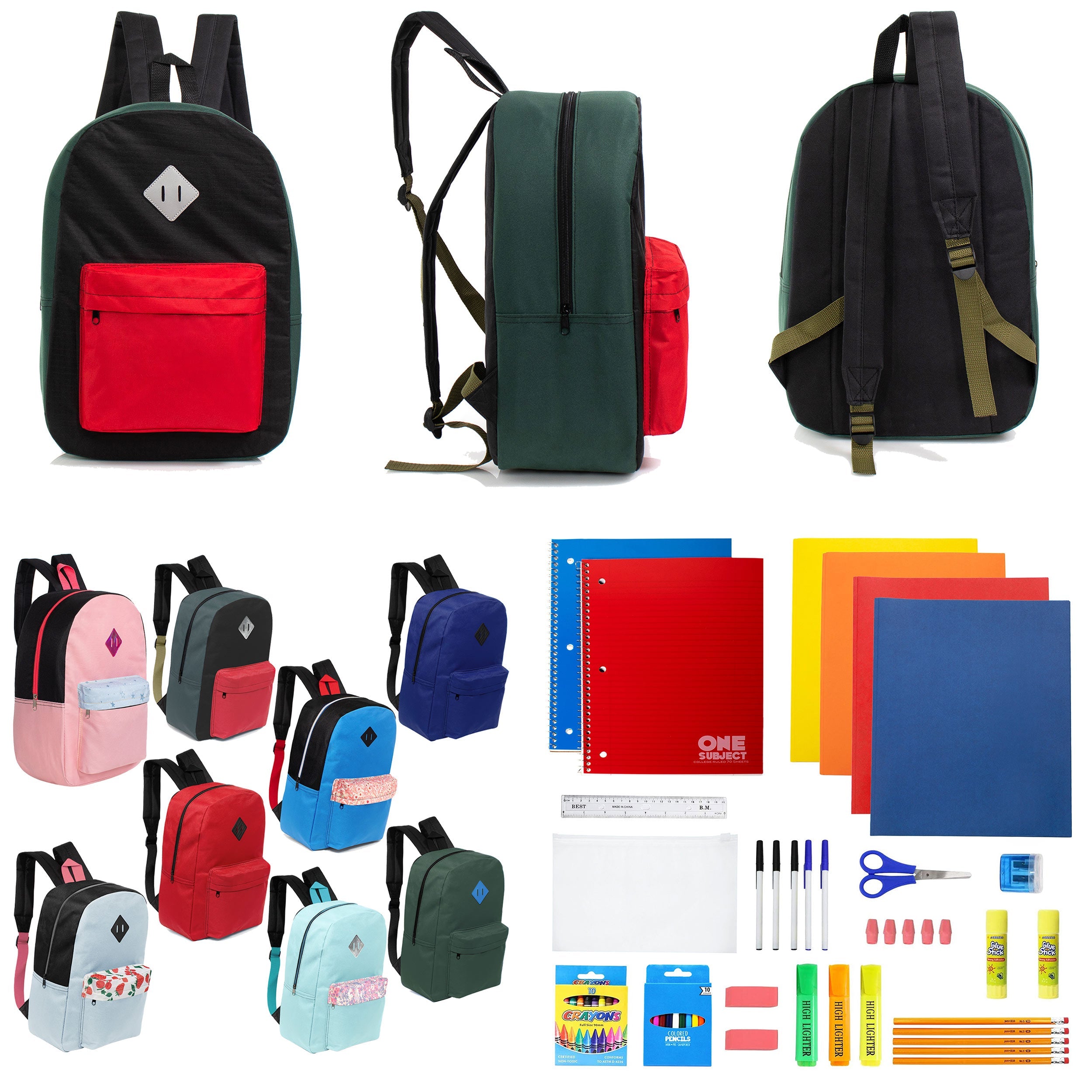 12 Wholesale 17" Padded Backpacks in Random Prints & 12 Bulk School Supply Kits of Your Choice