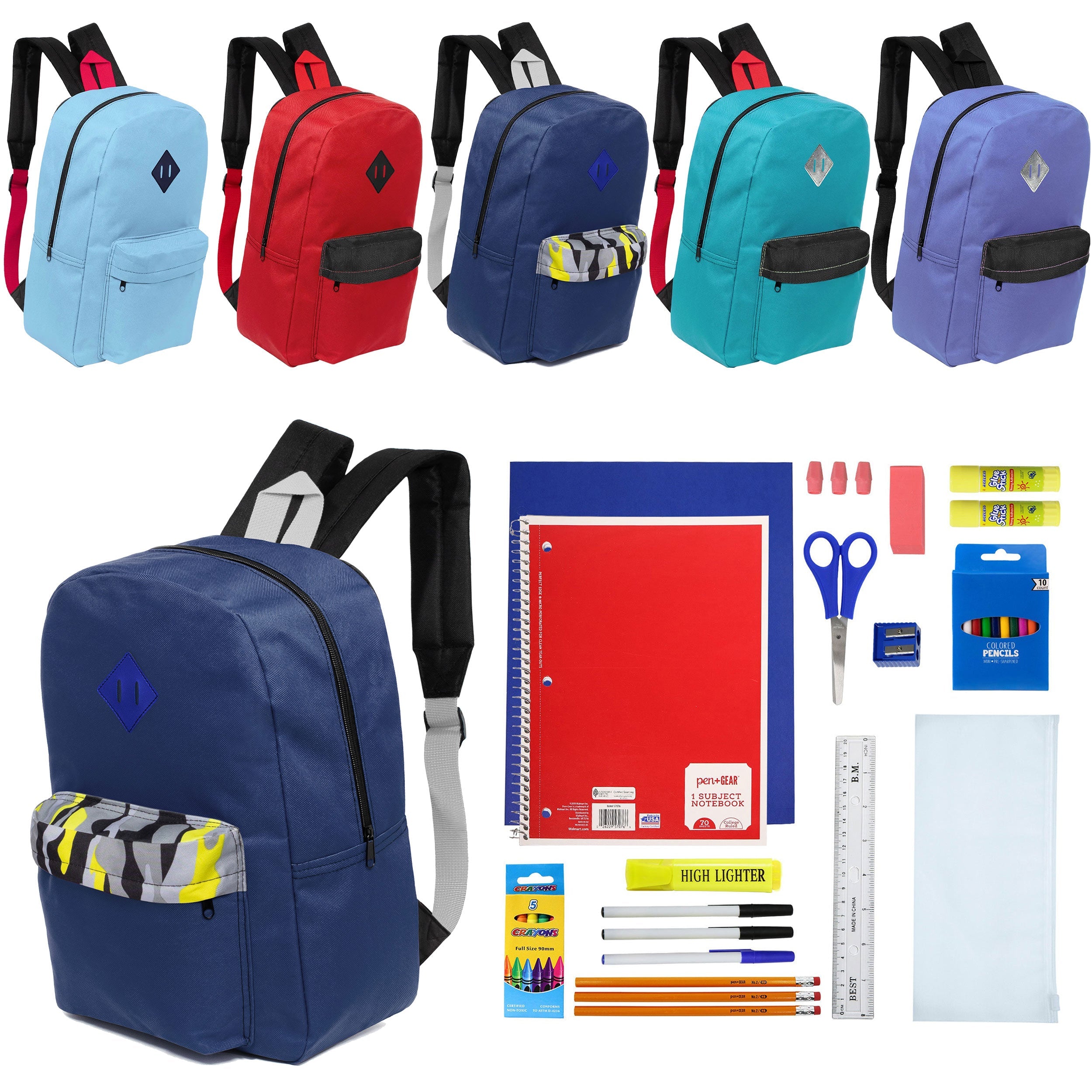 12 Wholesale 17" Padded Backpacks in 5 Random Prints & 12 Bulk School Supply Kits of Your Choice