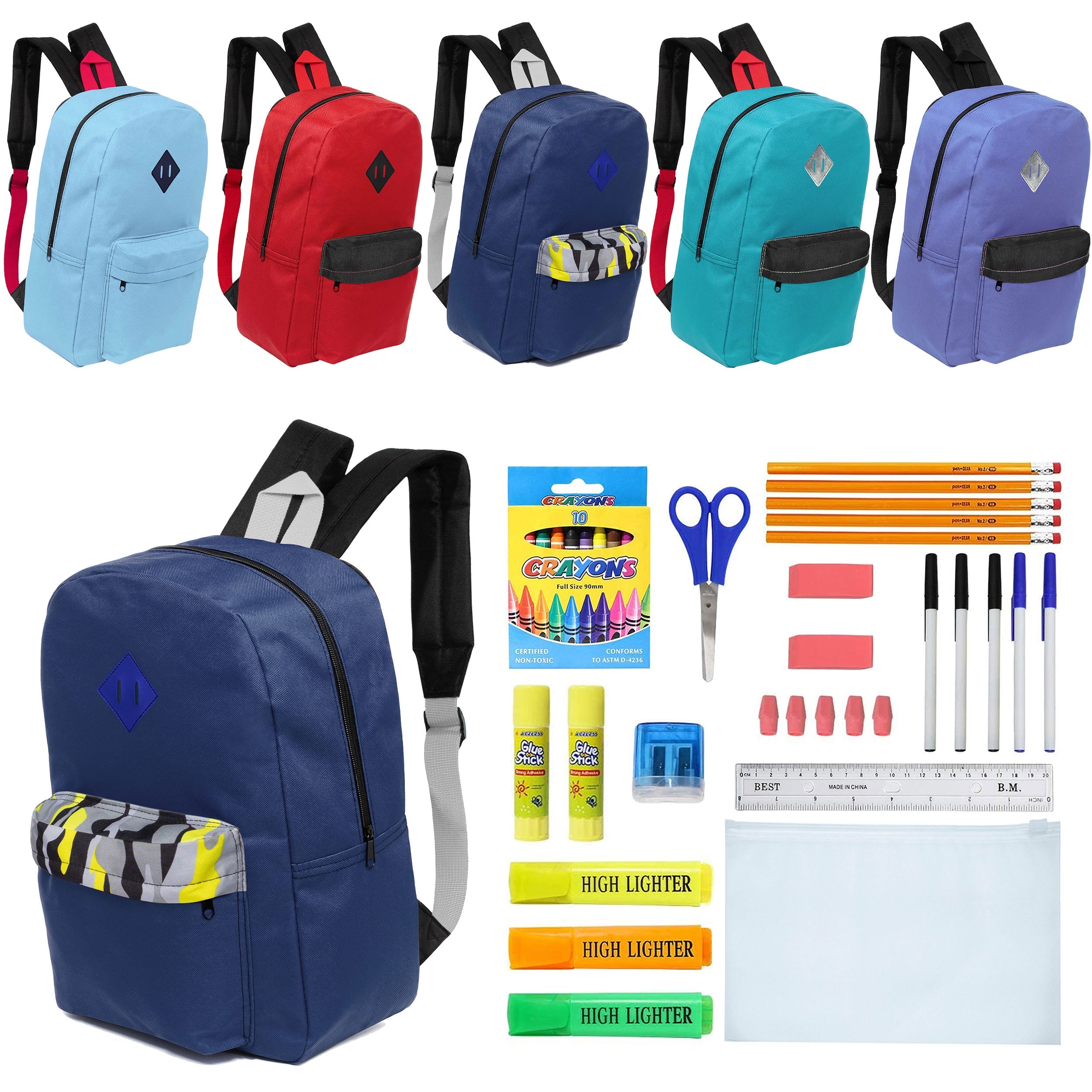 12 Wholesale 17" Padded Backpacks in 5 Random Prints & 12 Bulk School Supply Kits of Your Choice