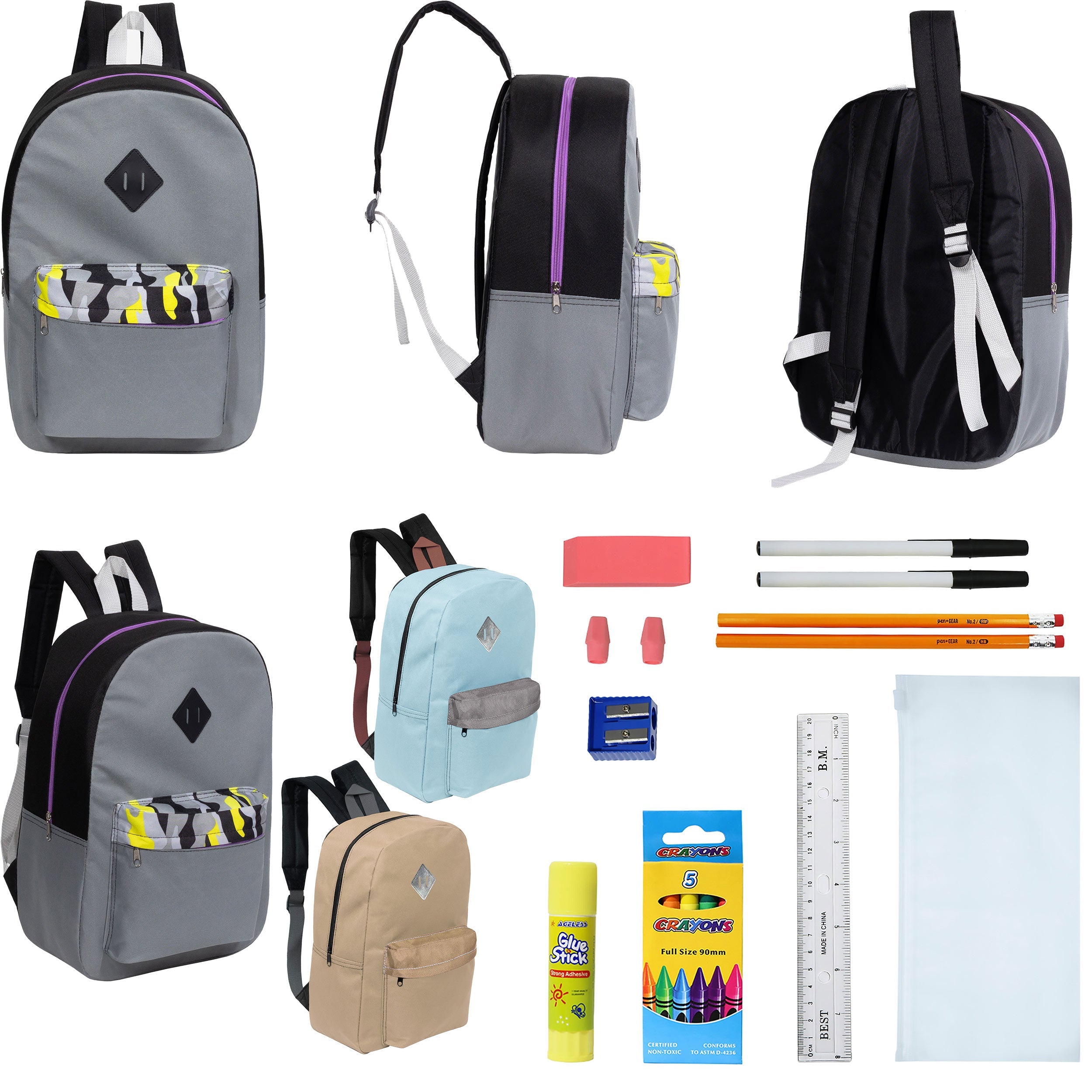 12 Wholesale 17" Padded Backpacks in 3 Random Prints & 12 Bulk School Supply Kits of Your Choice