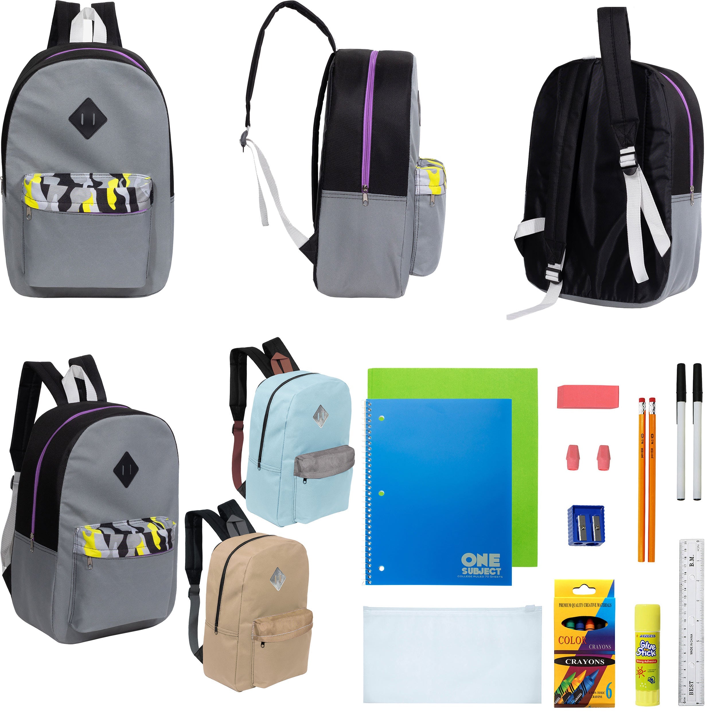 12 Wholesale 17" Padded Backpacks in 3 Random Prints & 12 Bulk School Supply Kits of Your Choice