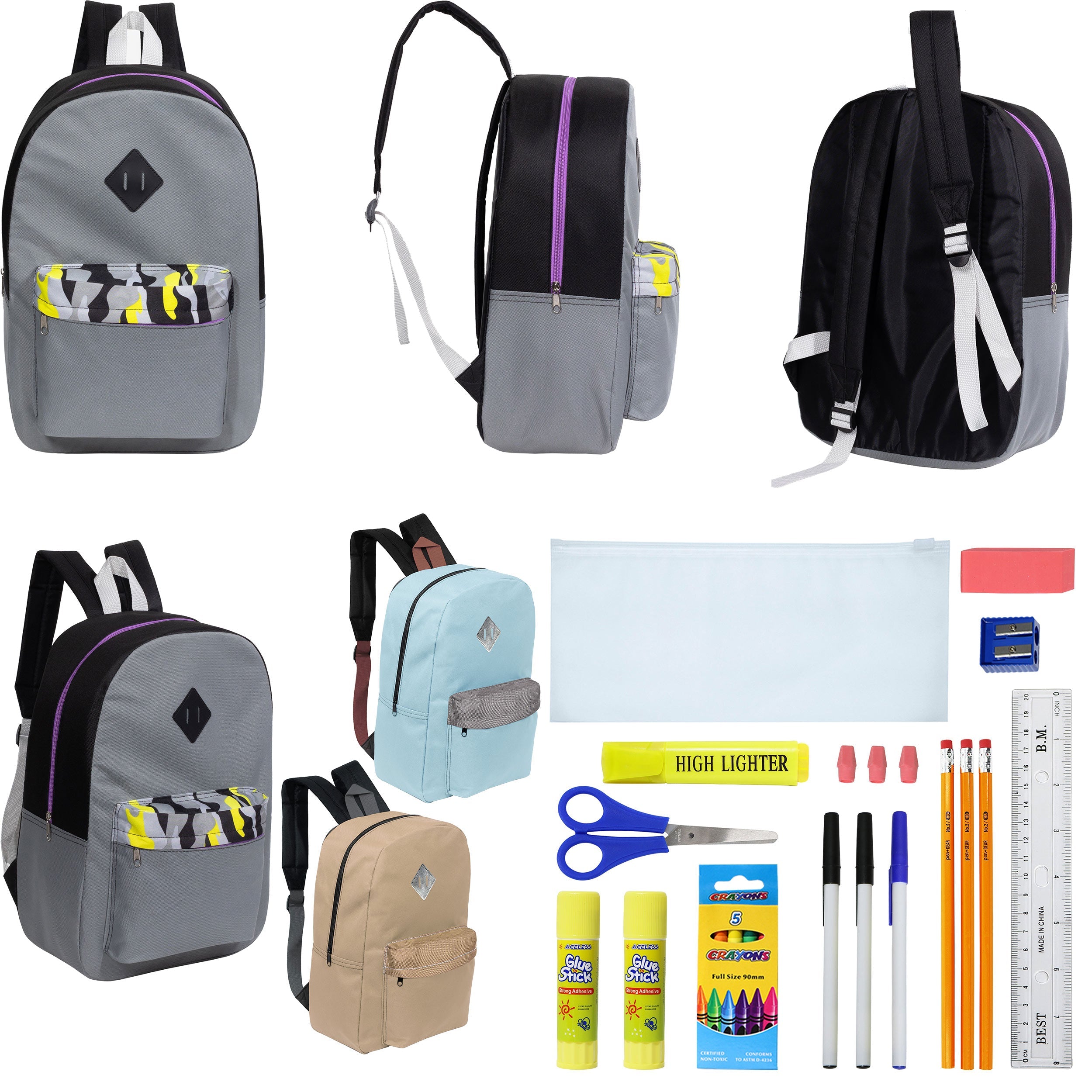 12 Wholesale 17" Padded Backpacks in 3 Random Prints & 12 Bulk School Supply Kits of Your Choice