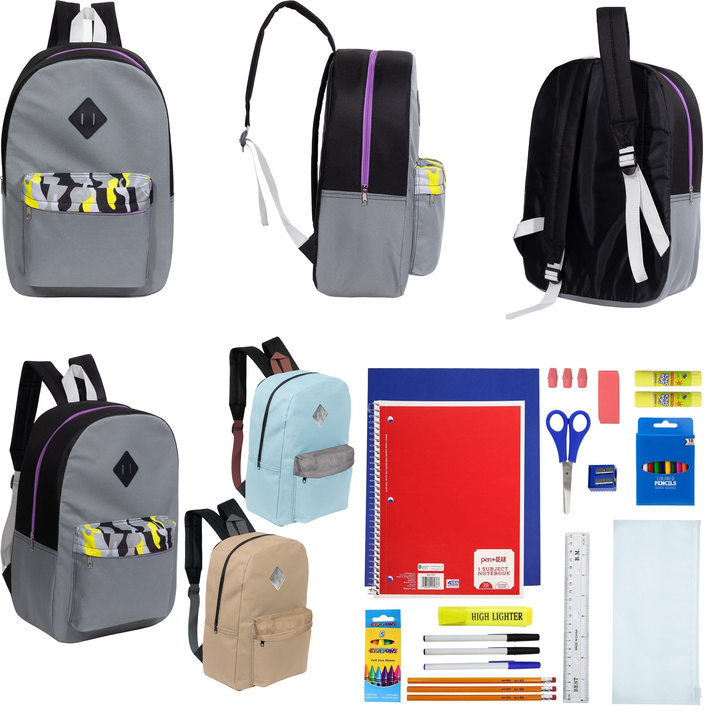 12 Wholesale 17" Padded Backpacks in 3 Random Prints & 12 Bulk School Supply Kits of Your Choice