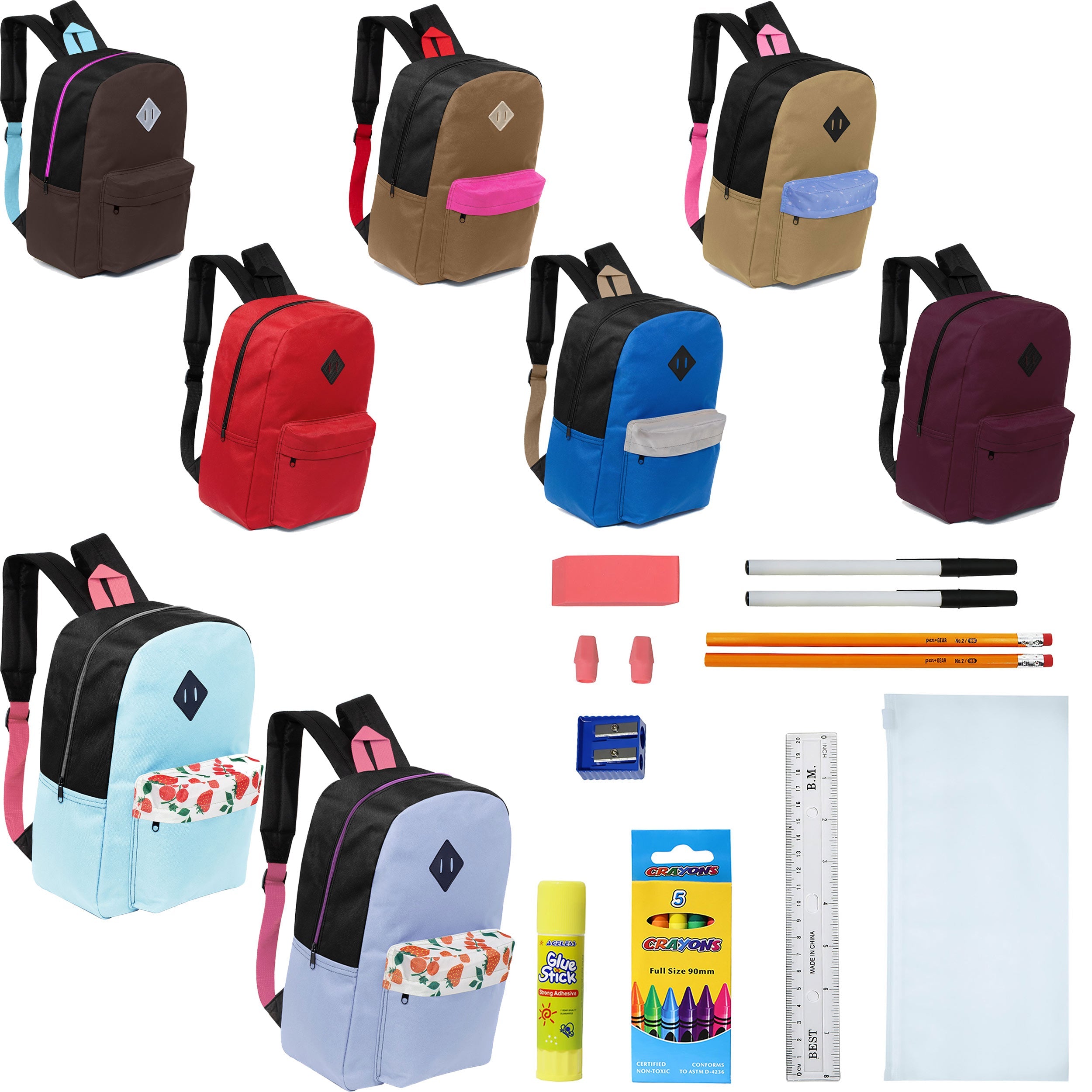 12 Wholesale 17" Padded Backpacks in 8 Random Prints & 12 Bulk School Supply Kits of Your Choice