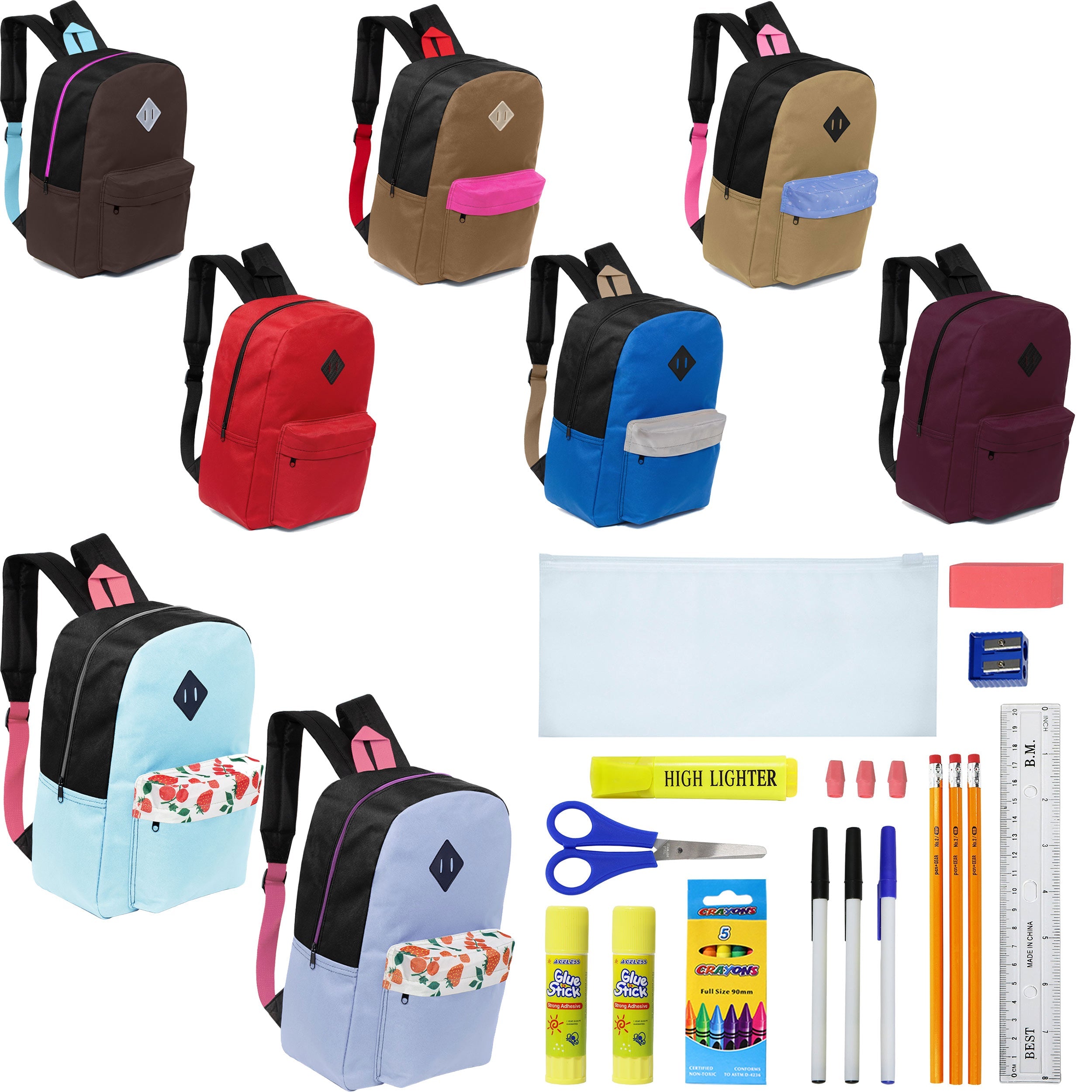 12 Wholesale 17" Padded Backpacks in 8 Random Prints & 12 Bulk School Supply Kits of Your Choice