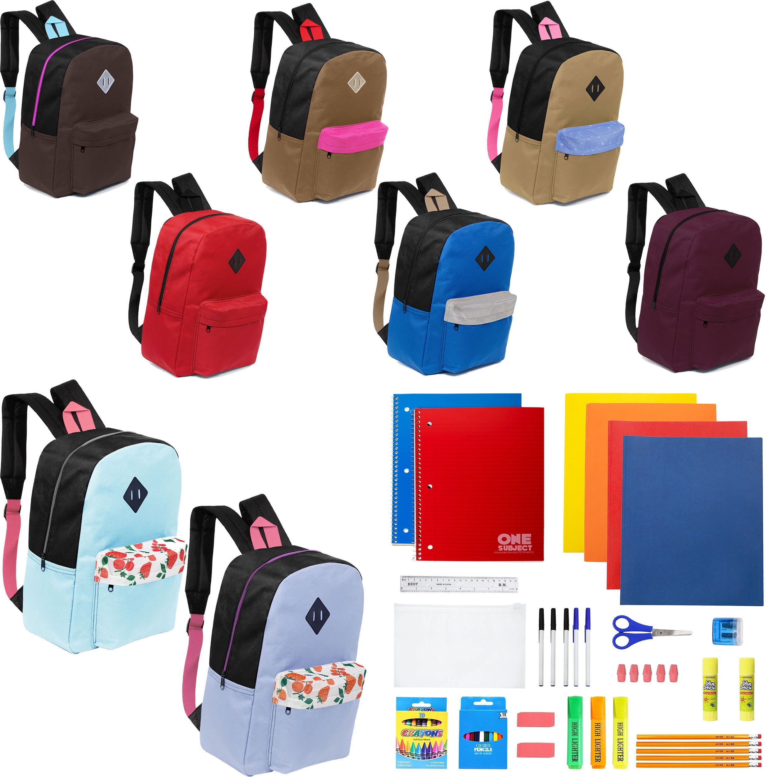 12 Wholesale 17" Padded Backpacks in 8 Random Prints & 12 Bulk School Supply Kits of Your Choice