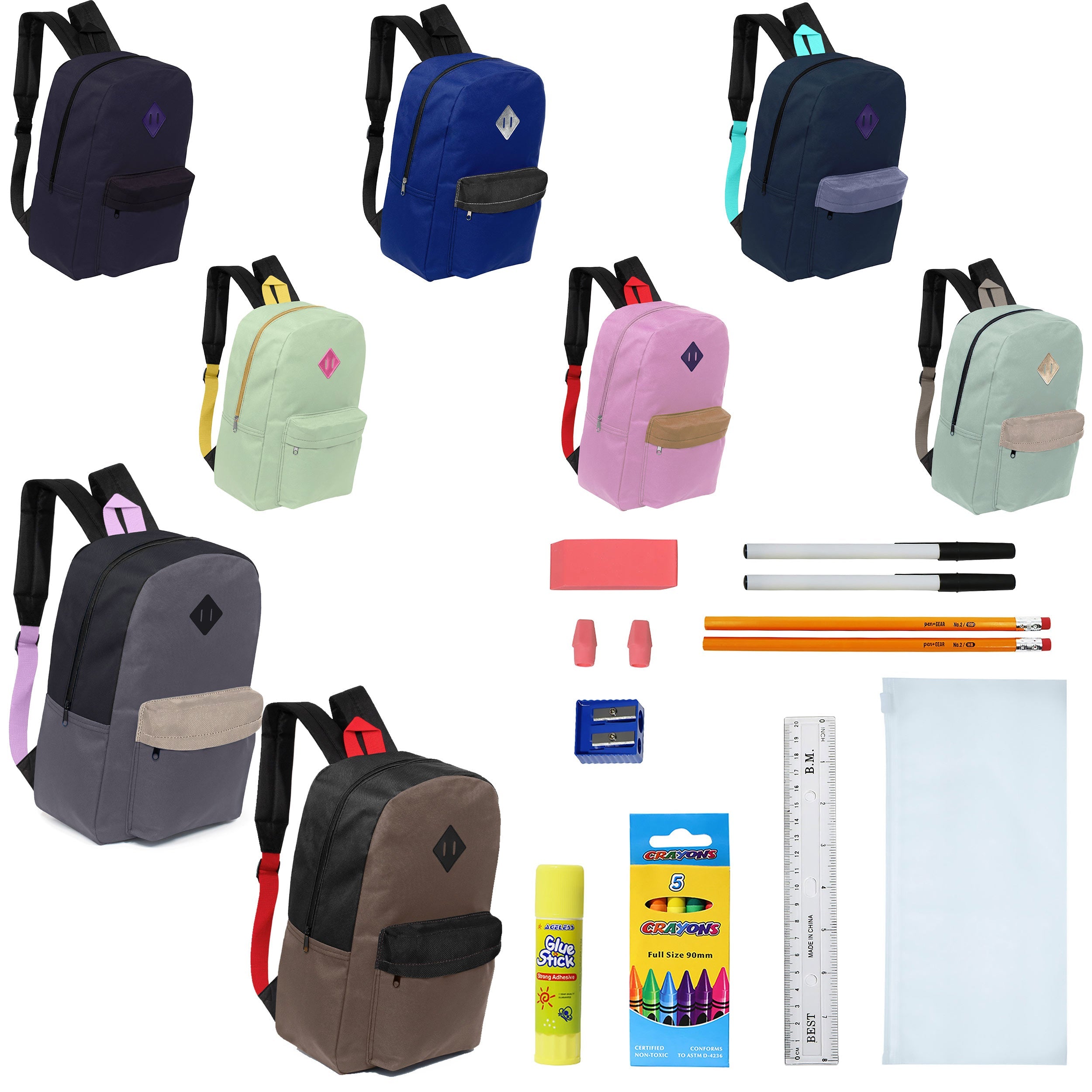 12 Wholesale 17" Padded Backpacks in Assorted Prints & 12 Bulk School Supply Kits of Your Choice