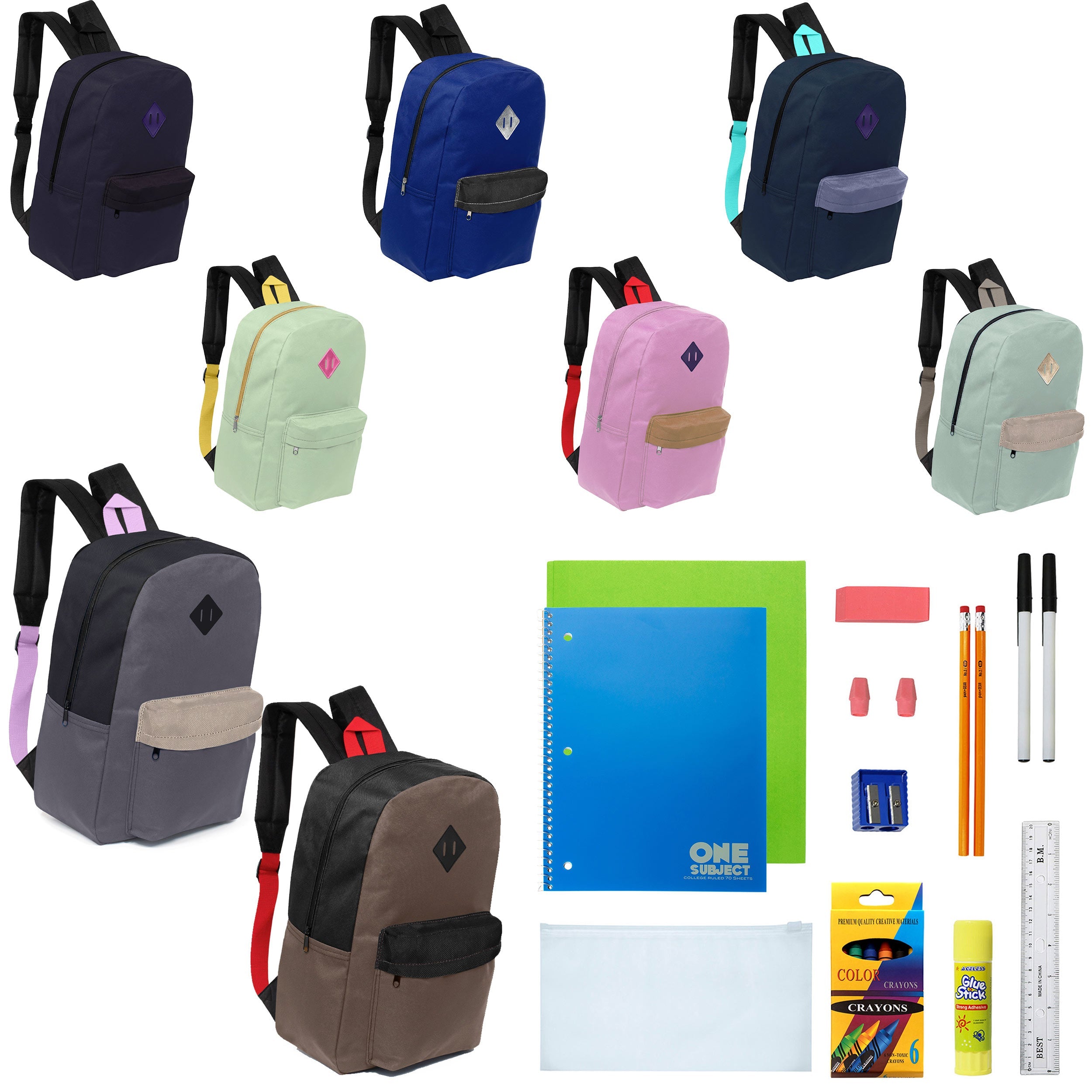 12 Wholesale 17" Padded Backpacks in Assorted Prints & 12 Bulk School Supply Kits of Your Choice
