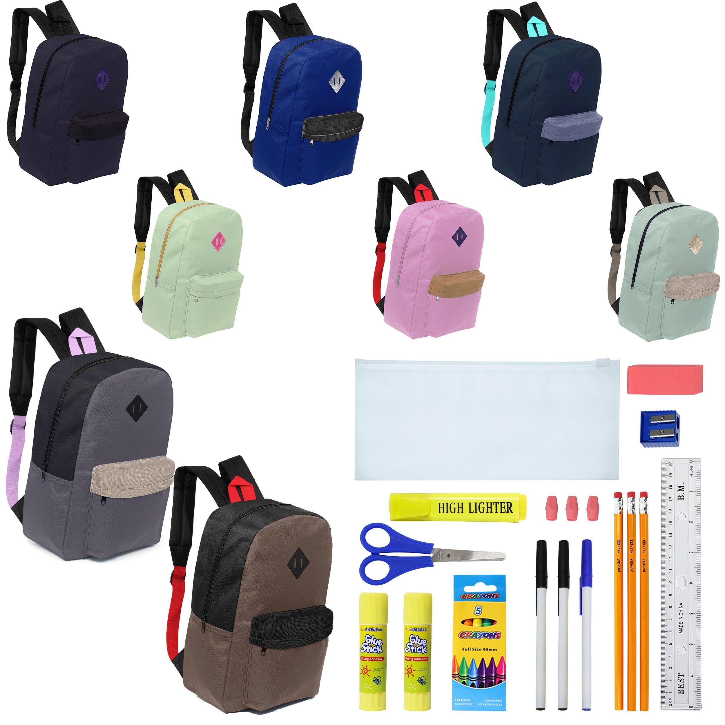 12 Wholesale 17" Padded Backpacks in Assorted Prints & 12 Bulk School Supply Kits of Your Choice