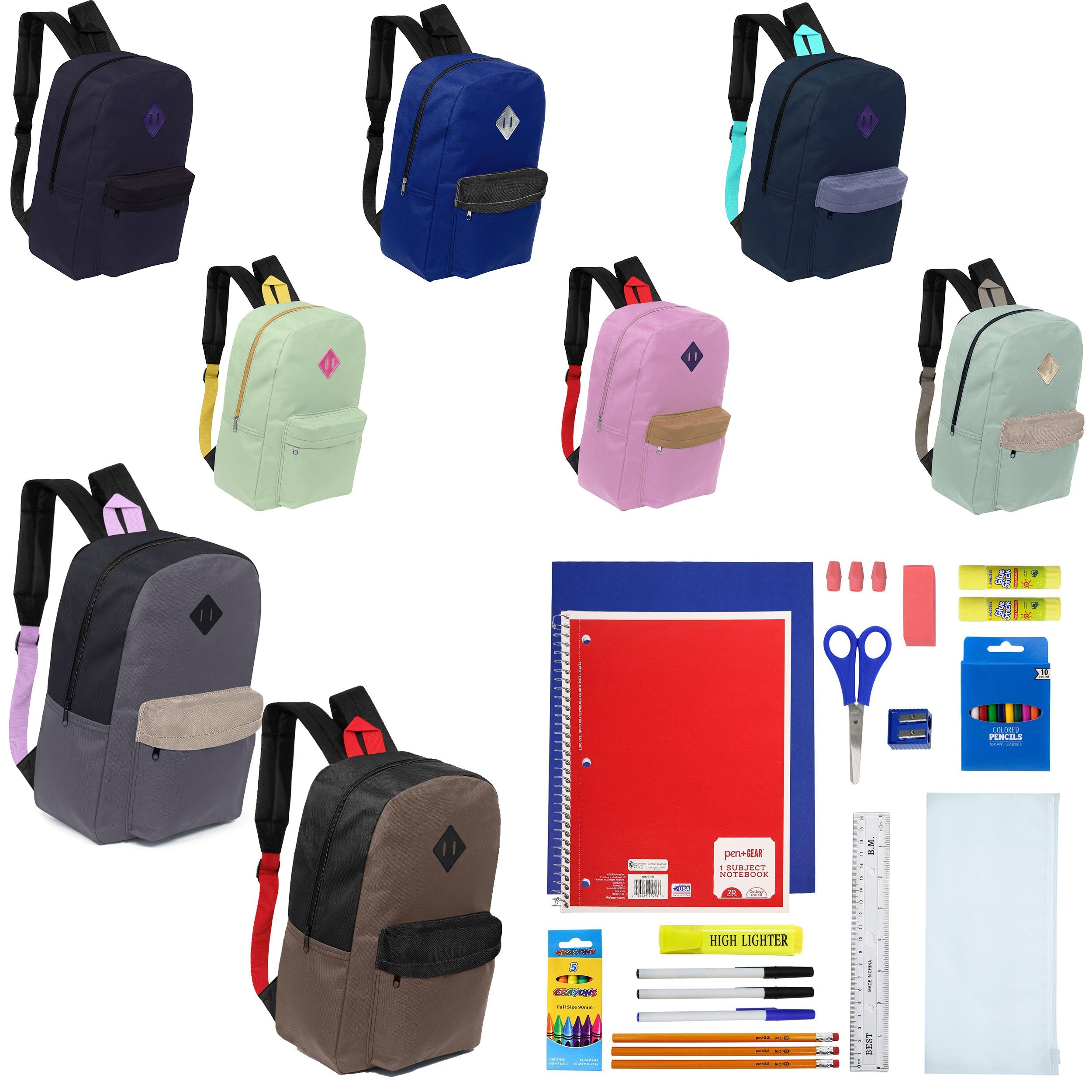 12 Wholesale 17" Padded Backpacks in Assorted Prints & 12 Bulk School Supply Kits of Your Choice