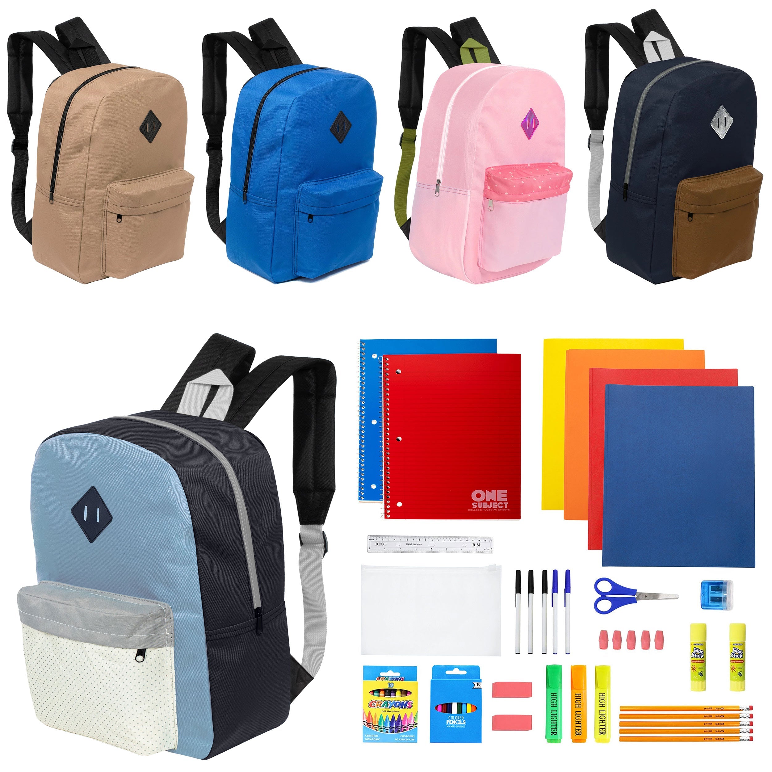 12 Wholesale 17" Padded Backpacks in 5 Prints / Colors & 12 Bulk School Supply Kits of Your Choice