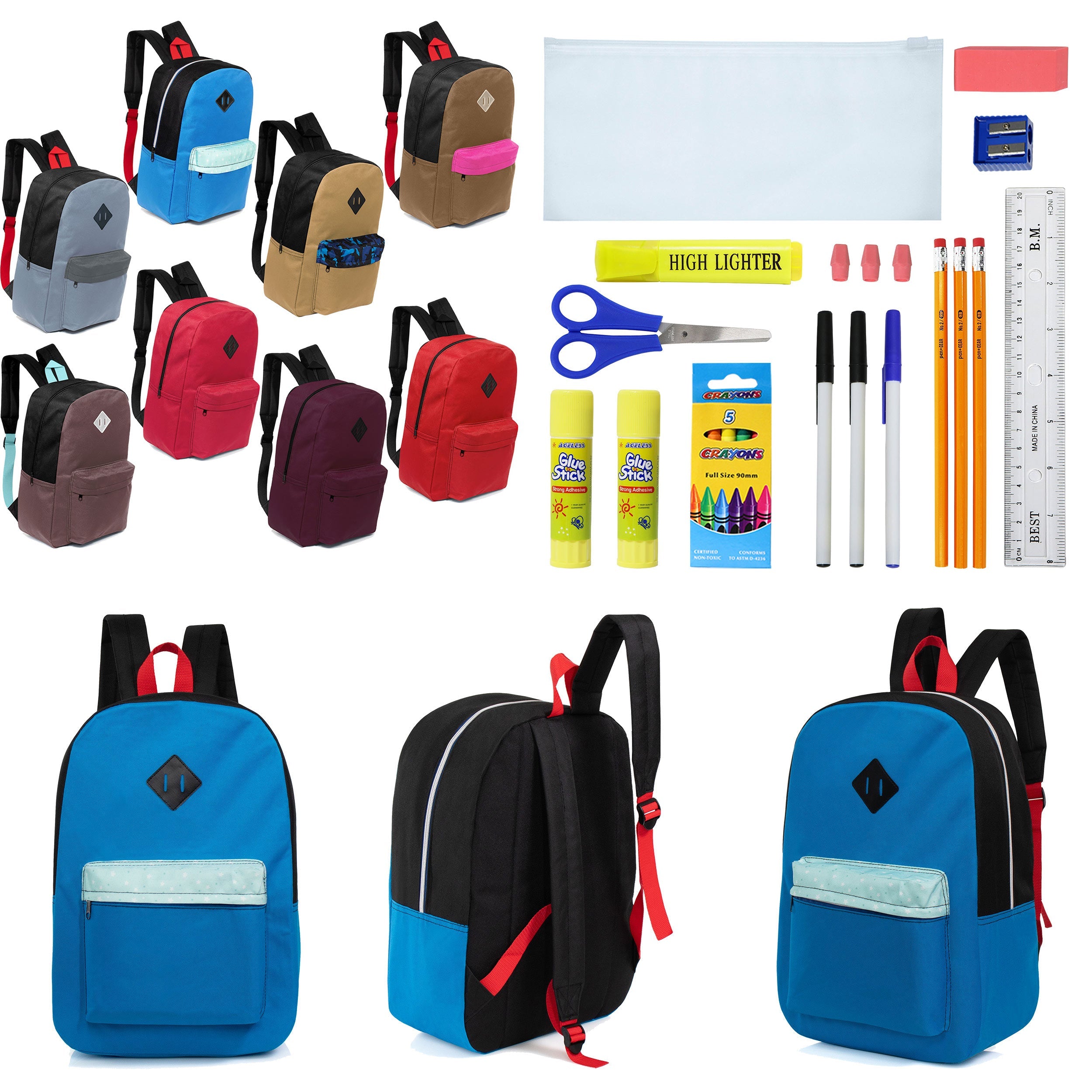 12 Wholesale 17" Padded Backpacks in 8 Random Prints & 12 Bulk School Supply Kits of Your Choice