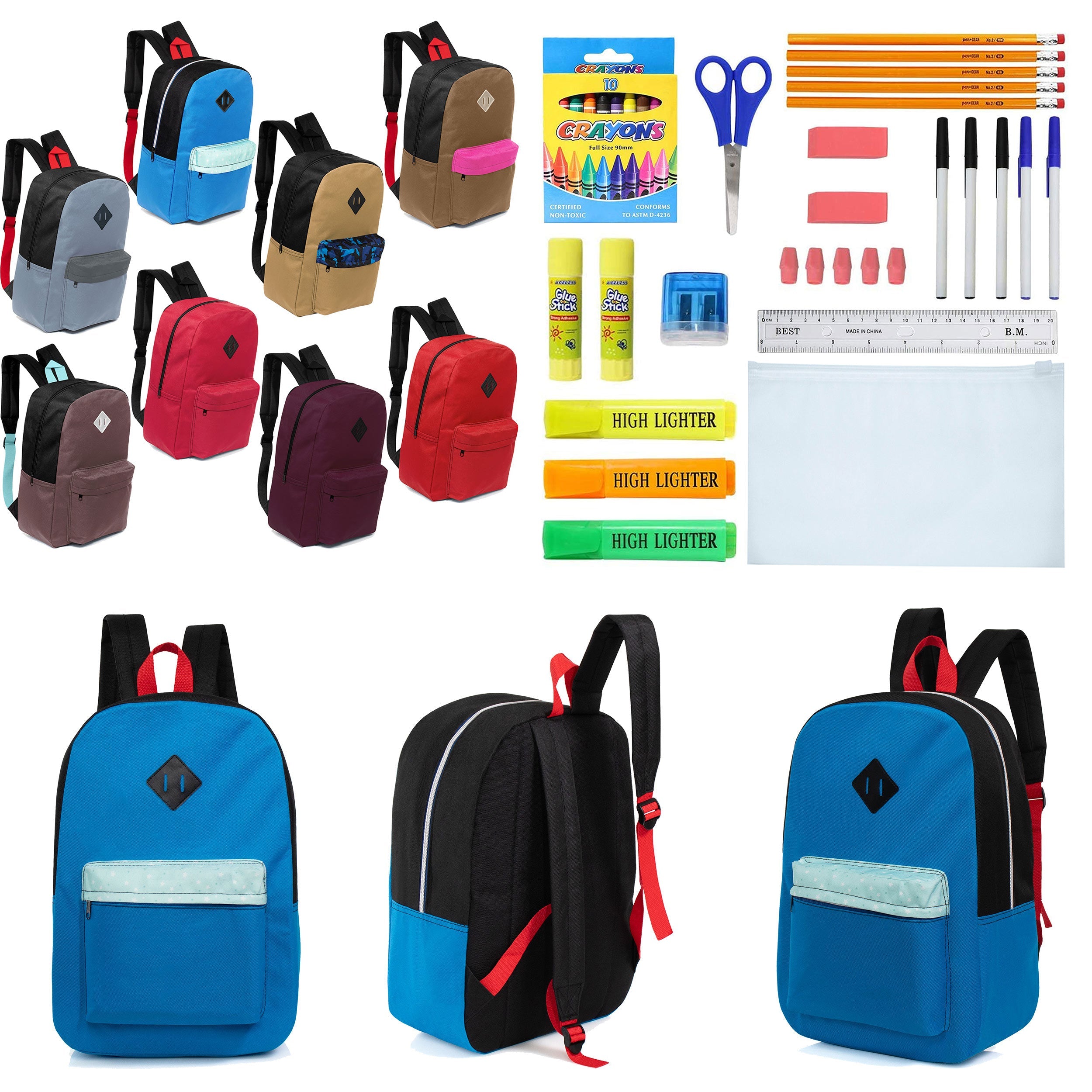 12 Wholesale 17" Padded Backpacks in 8 Random Prints & 12 Bulk School Supply Kits of Your Choice