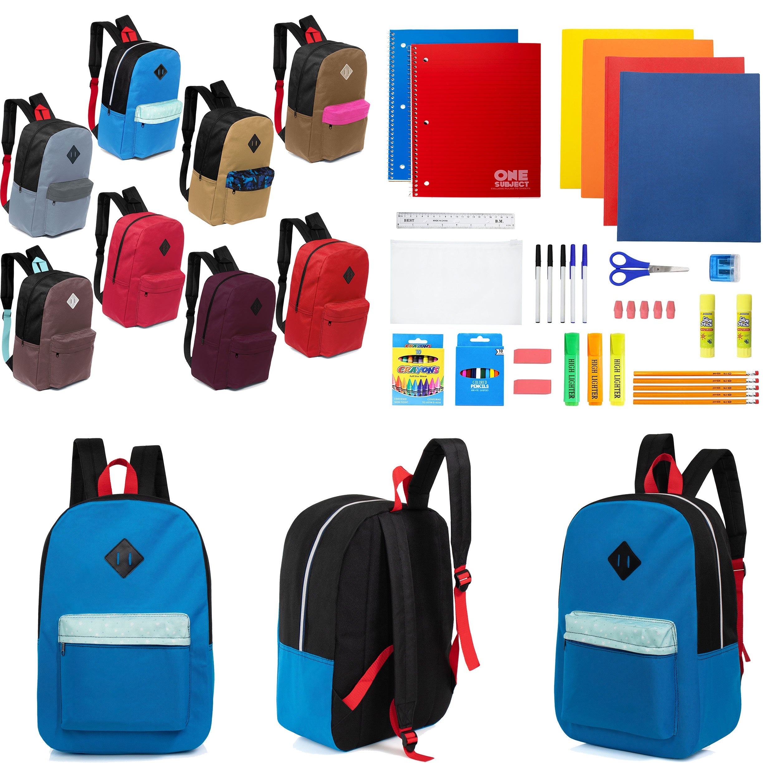 12 Wholesale 17" Padded Backpacks in 8 Random Prints & 12 Bulk School Supply Kits of Your Choice