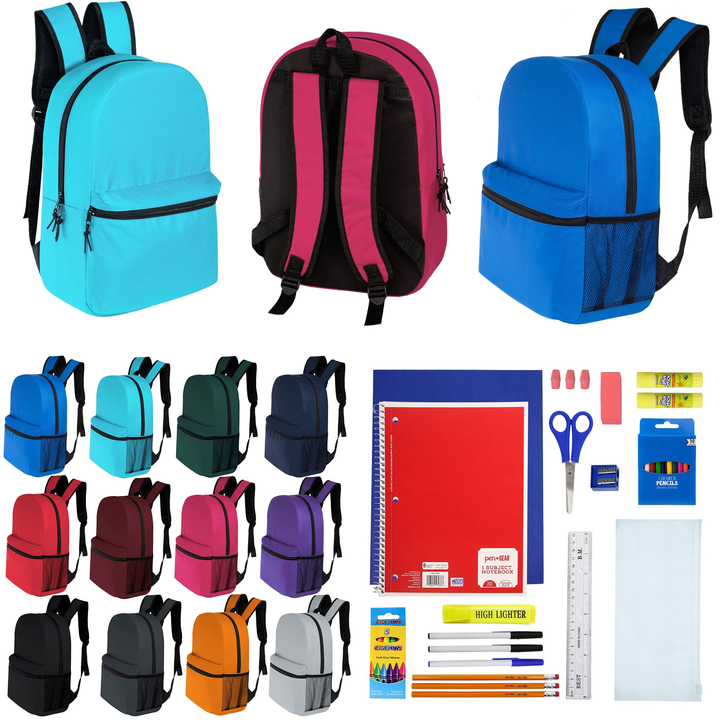 12 Wholesale 16" Basic Backpacks in 12 Assorted Colors & 12 Bulk School Supply Kits of Your Choice