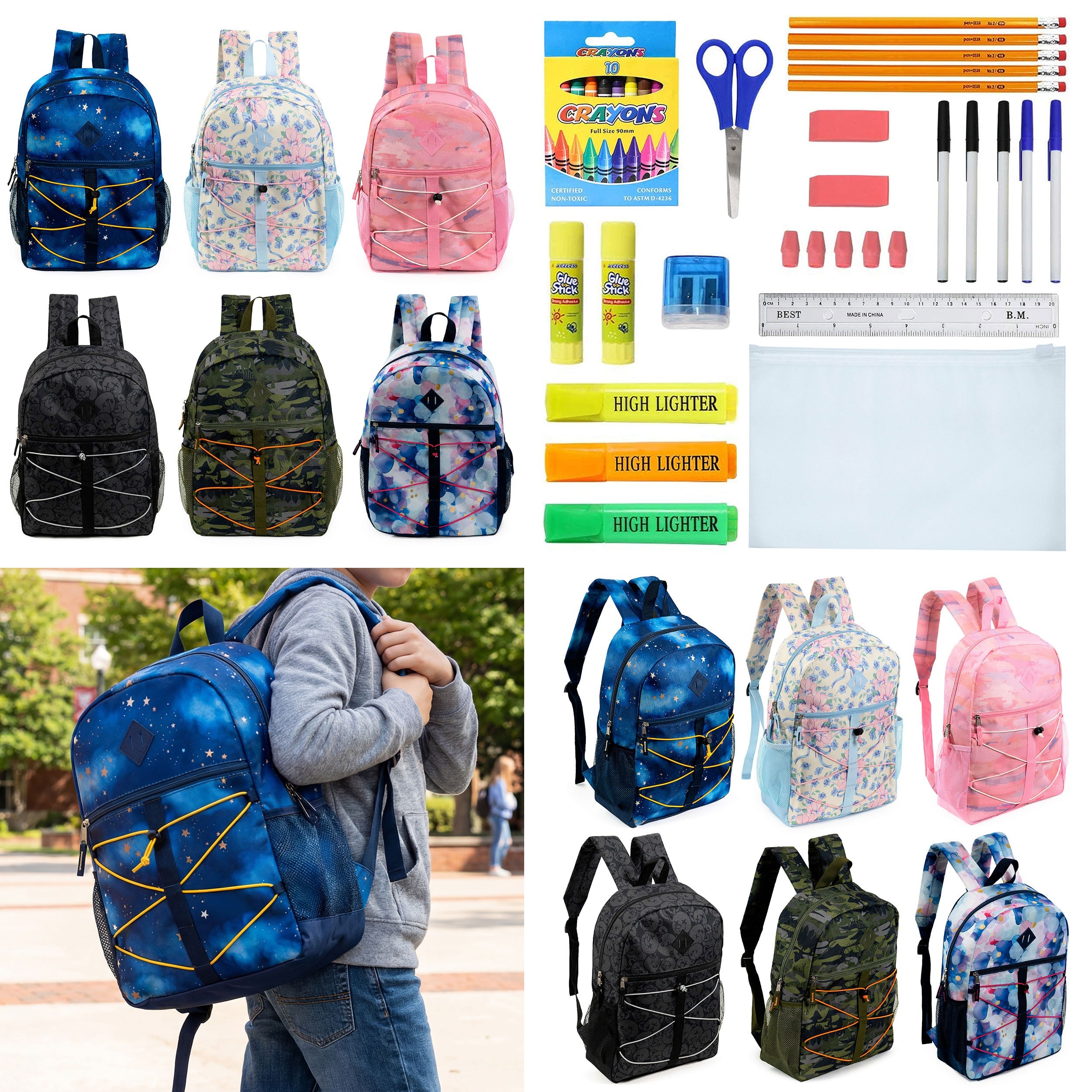 12 Wholesale 17" Bungee Backpack in 6 Prints & 12 Bulk School Supply Kits of Your Choice