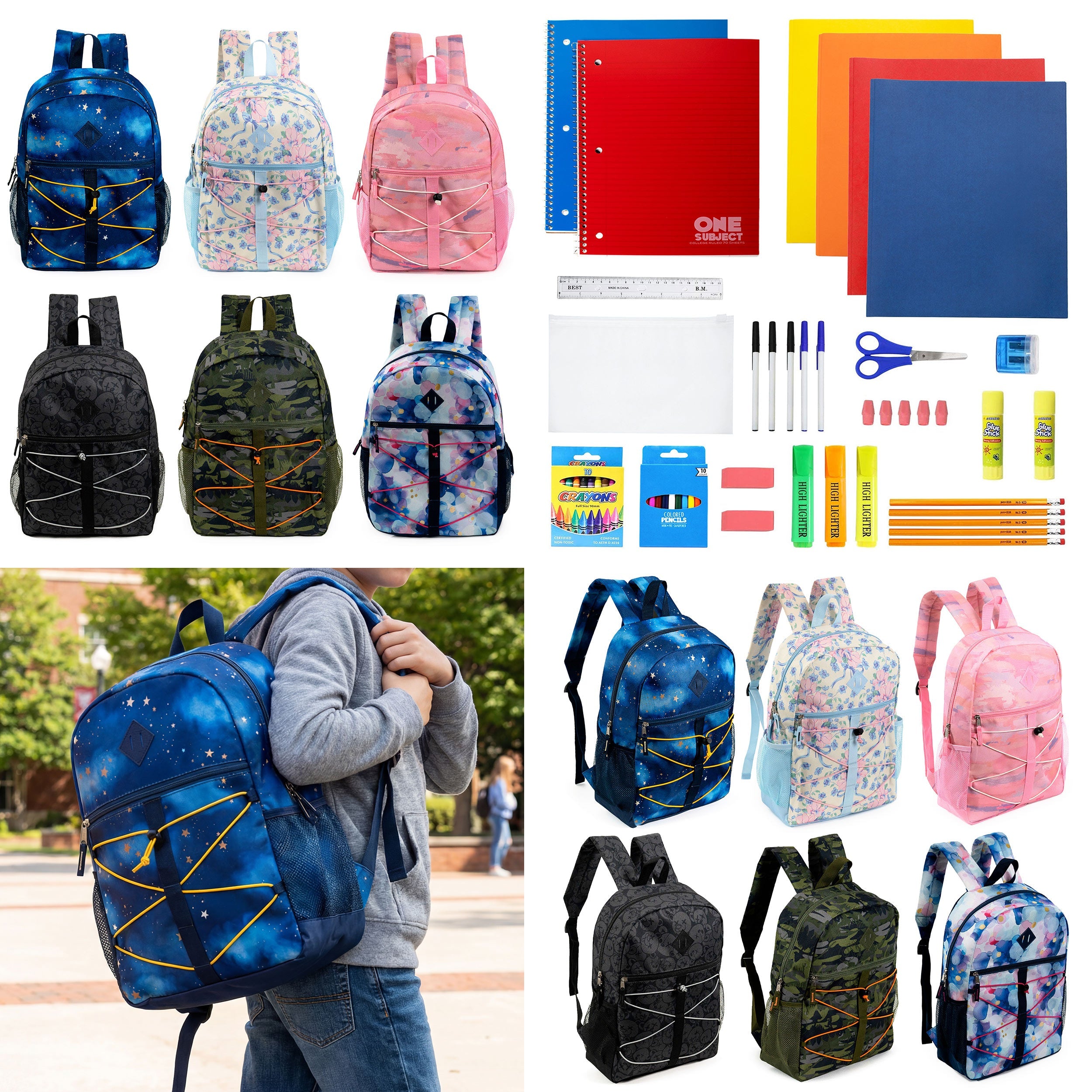 12 Wholesale 17" Bungee Backpack in 6 Prints & 12 Bulk School Supply Kits of Your Choice