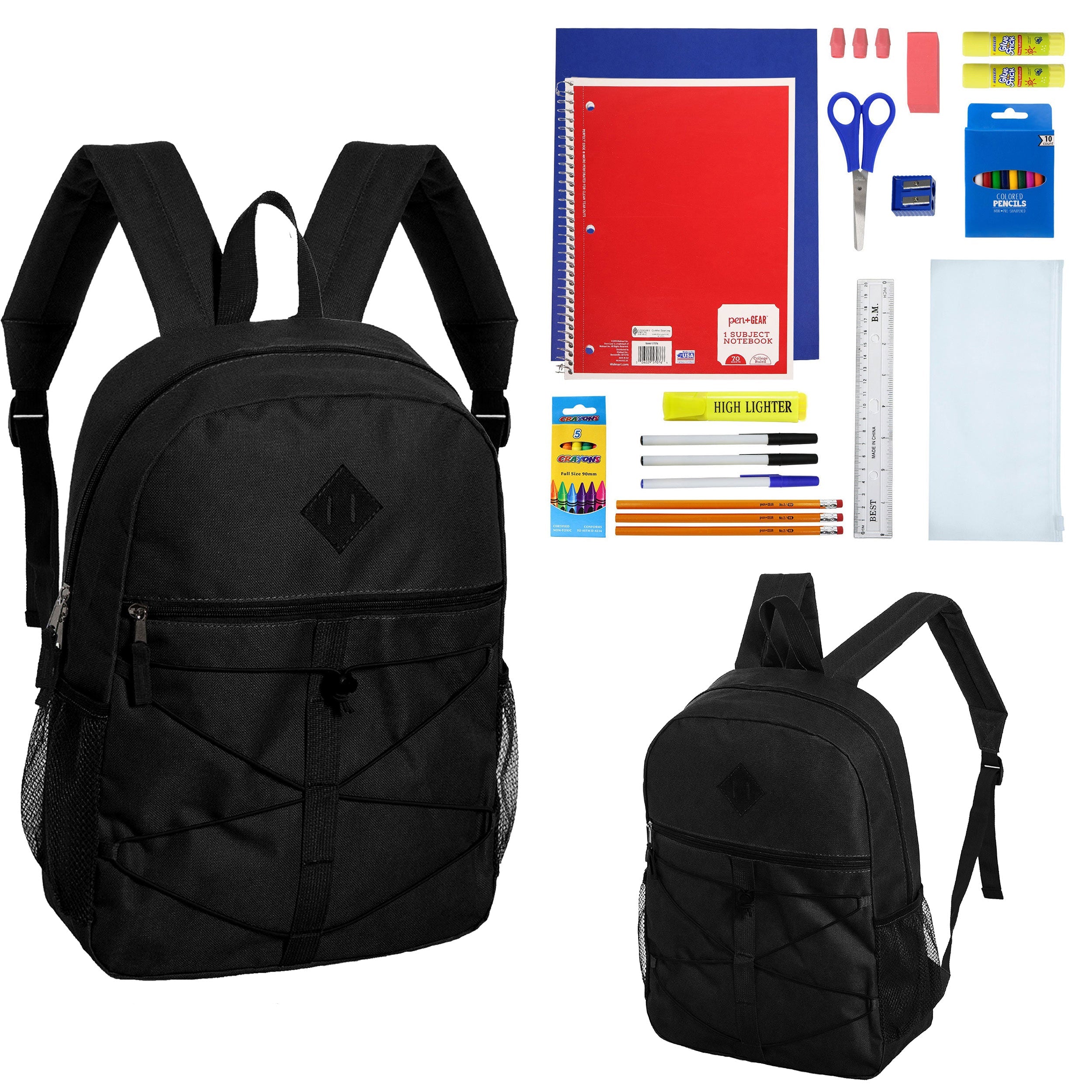 12 Wholesale 18" Black Bungee Backpacks & 12 Bulk School Supply Kits of Your Choice