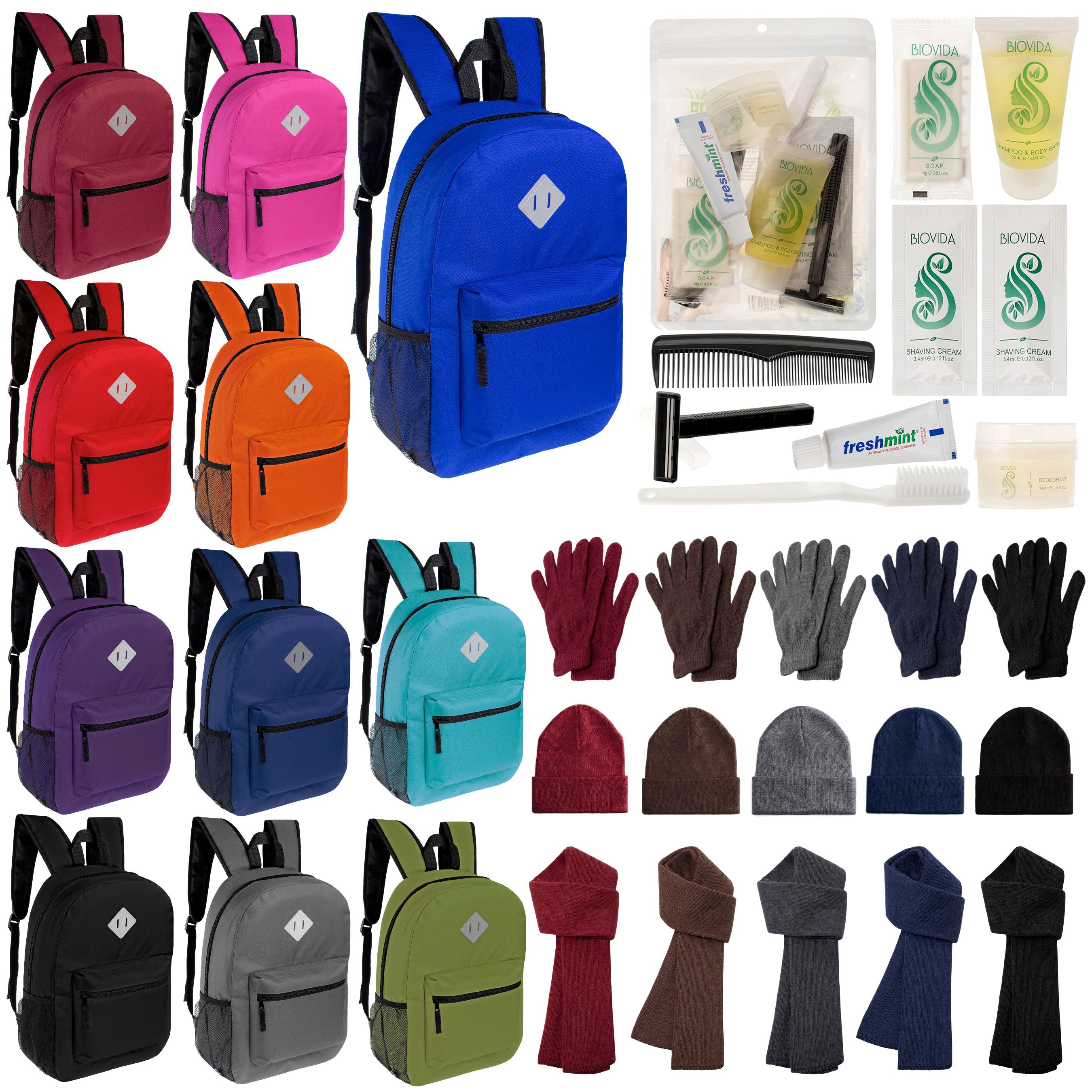 12 Diamond Patch 17" Backpacks, 12 Winter Item Sets & Your Choice of 12 Bulk Hygiene Kits - Wholesale Homeless Care Package