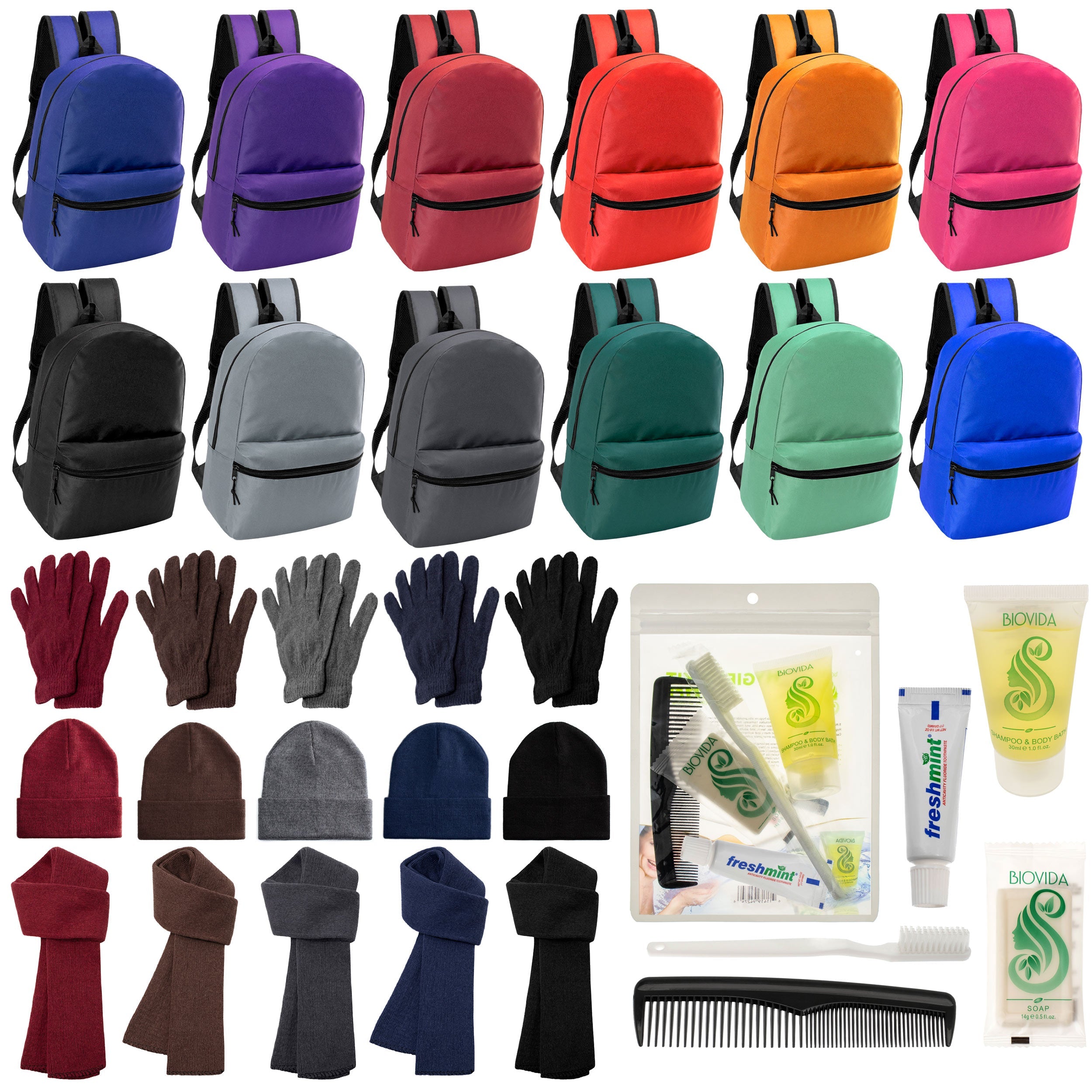 12 Basic 17" Backpacks in 12 Colors, 12 Winter Item Sets & Your Choice of 12 Bulk Hygiene Kits - Wholesale Homeless Care Package