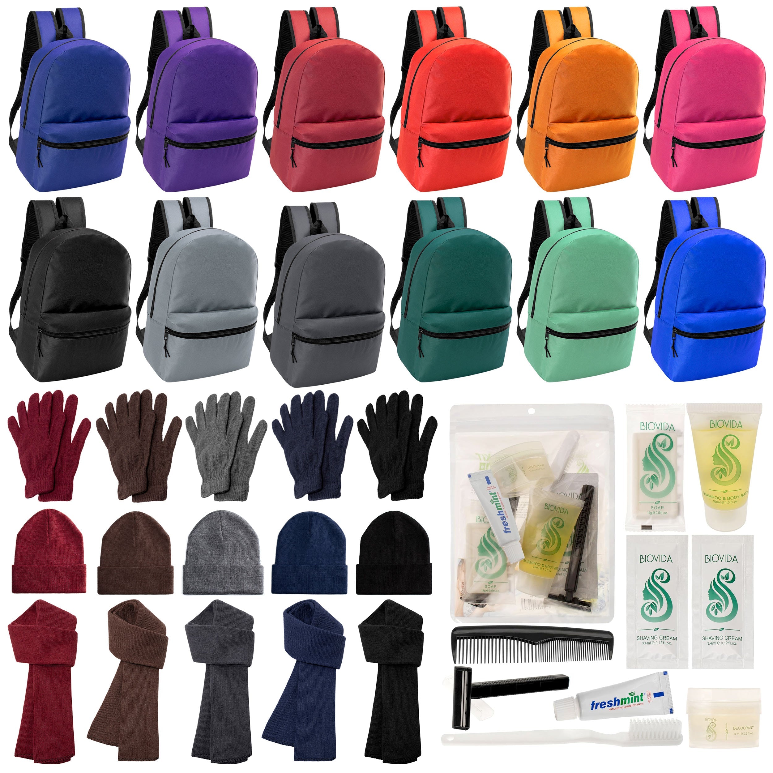12 Basic 17" Backpacks in 12 Colors, 12 Winter Item Sets & Your Choice of 12 Bulk Hygiene Kits - Wholesale Homeless Care Package