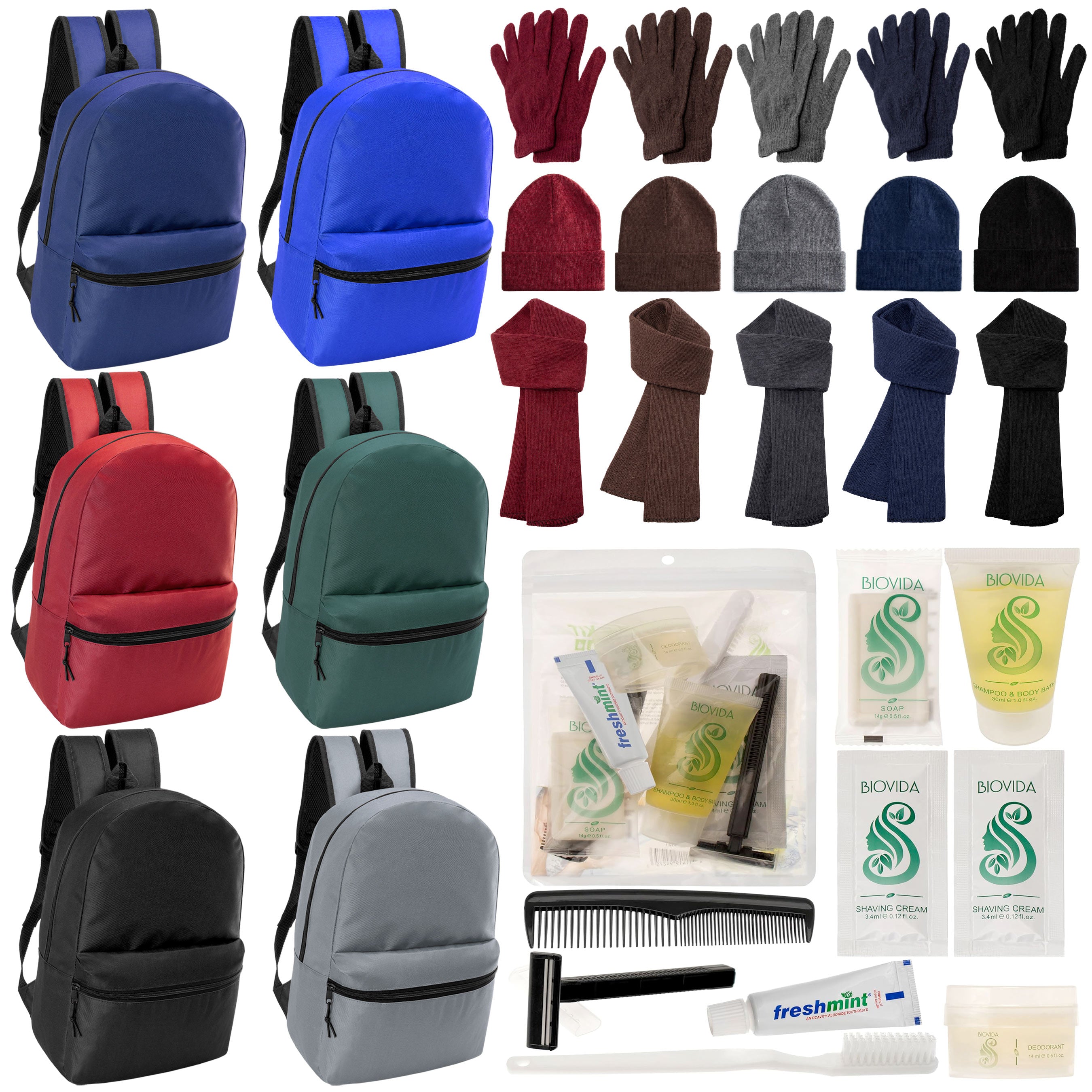 12 Basic 17" Backpacks in 6 Colors, 12 Winter Item Sets & Your Choice of 12 Bulk Hygiene Kits - Wholesale Homeless Care Package