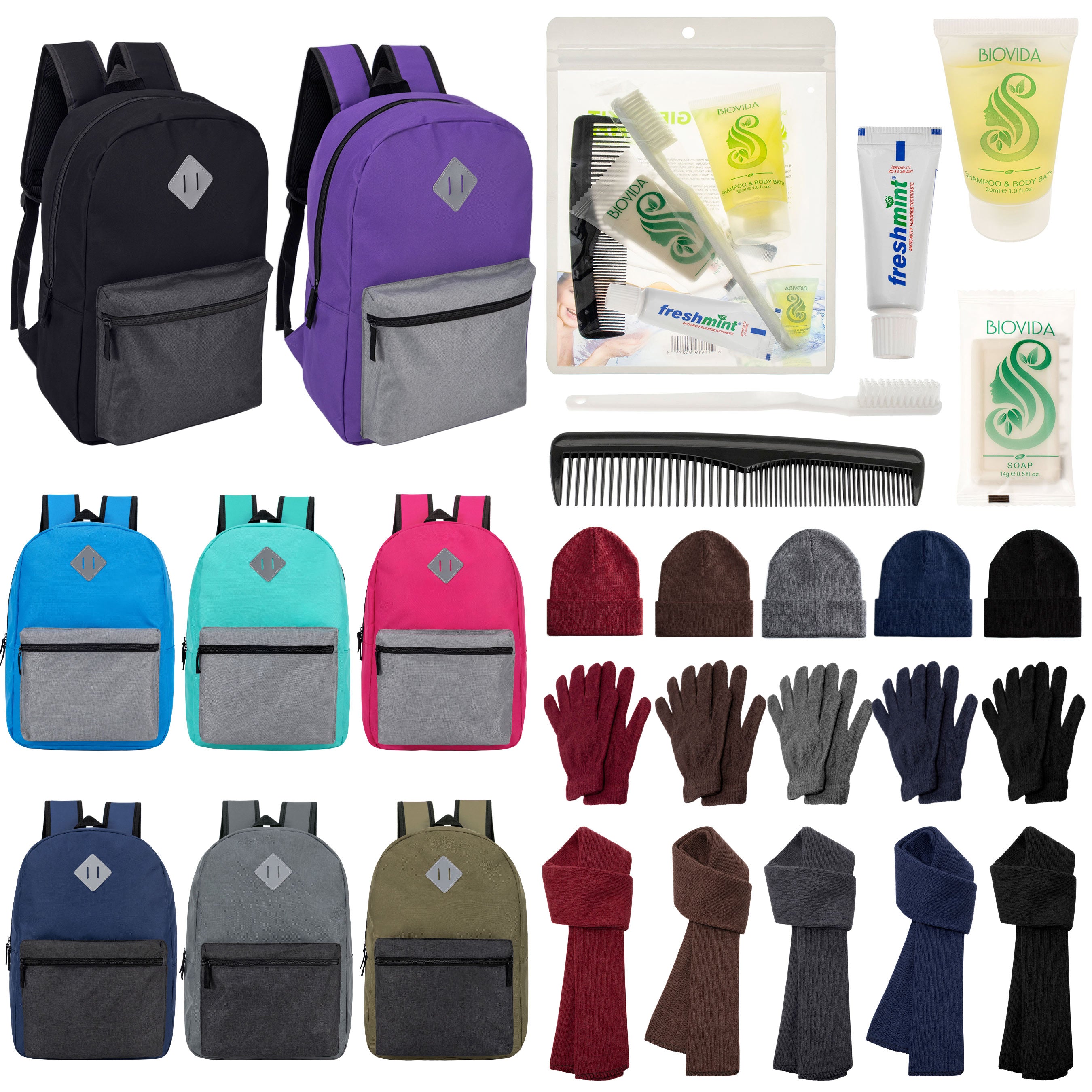 12 Multi Color Diamond Patch 17" Backpacks, 12 Winter Item Sets & Your Choice of 12 Bulk Hygiene Kits - Wholesale Homeless Care Package