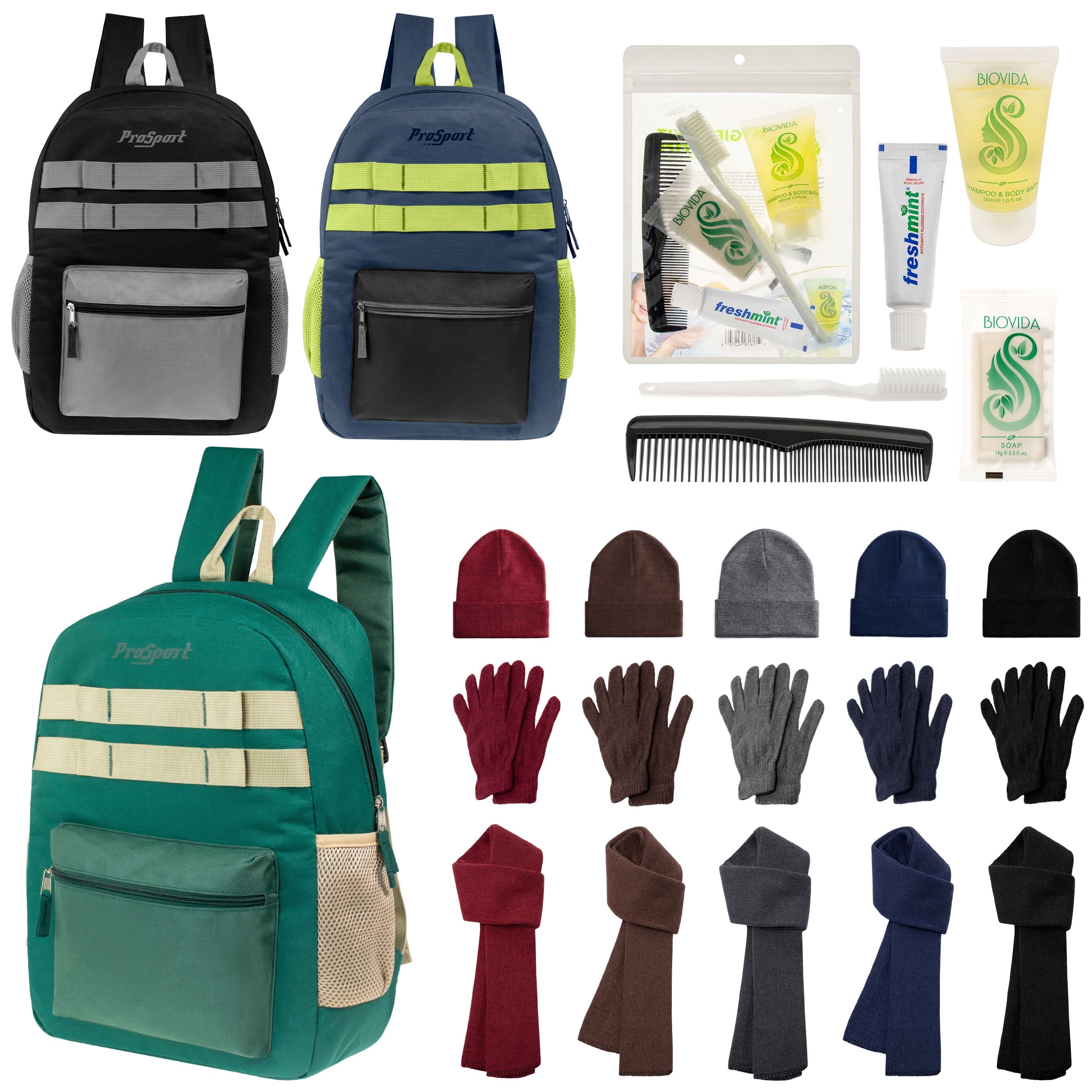 12 Durable 17" Multi- Color Backpacks, 12 Winter Item Sets & Your Choice of 12 Bulk Hygiene Kits - Wholesale Homeless Care Package