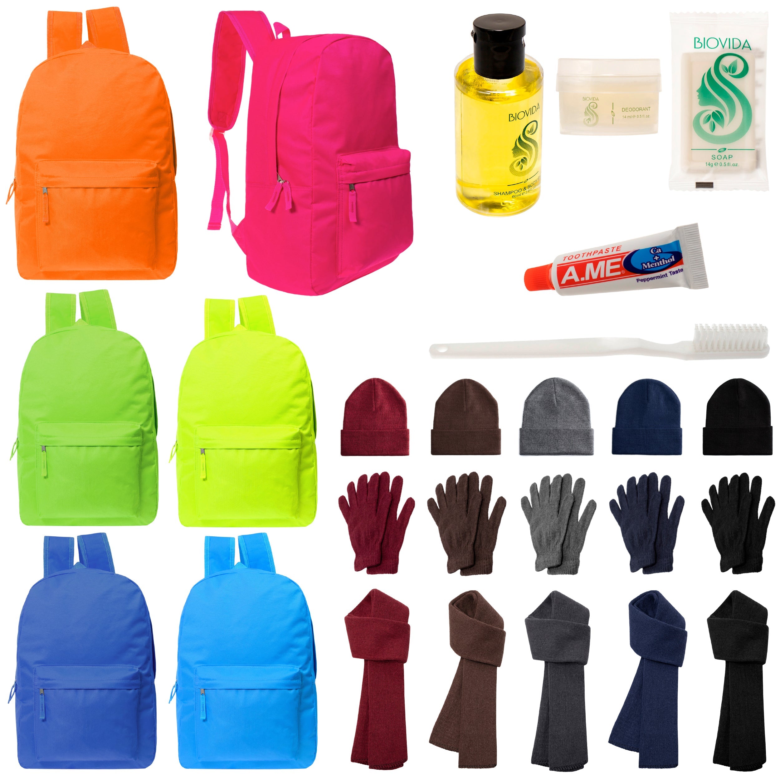 12 Deluxe Bungee 17" Backpacks in 8 Colors, 12 Winter Item Sets & Your Choice of 12 Bulk Hygiene Kits - Wholesale Homeless Care Package