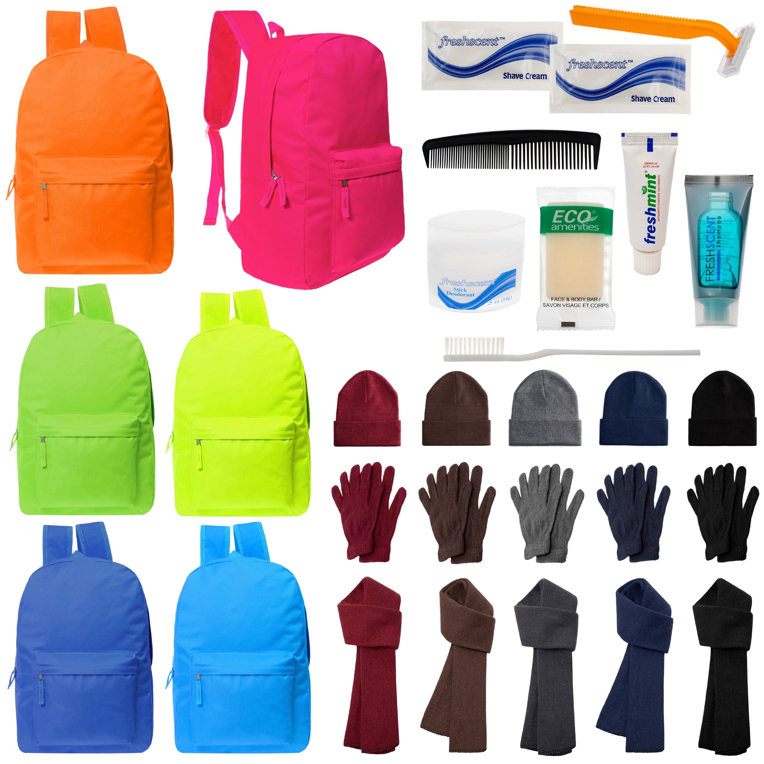 12 Bright 17" Backpacks in 6 Colors, 12 Winter Item Sets & Your Choice of 12 Bulk Hygiene Kits - Wholesale Homeless Care Package