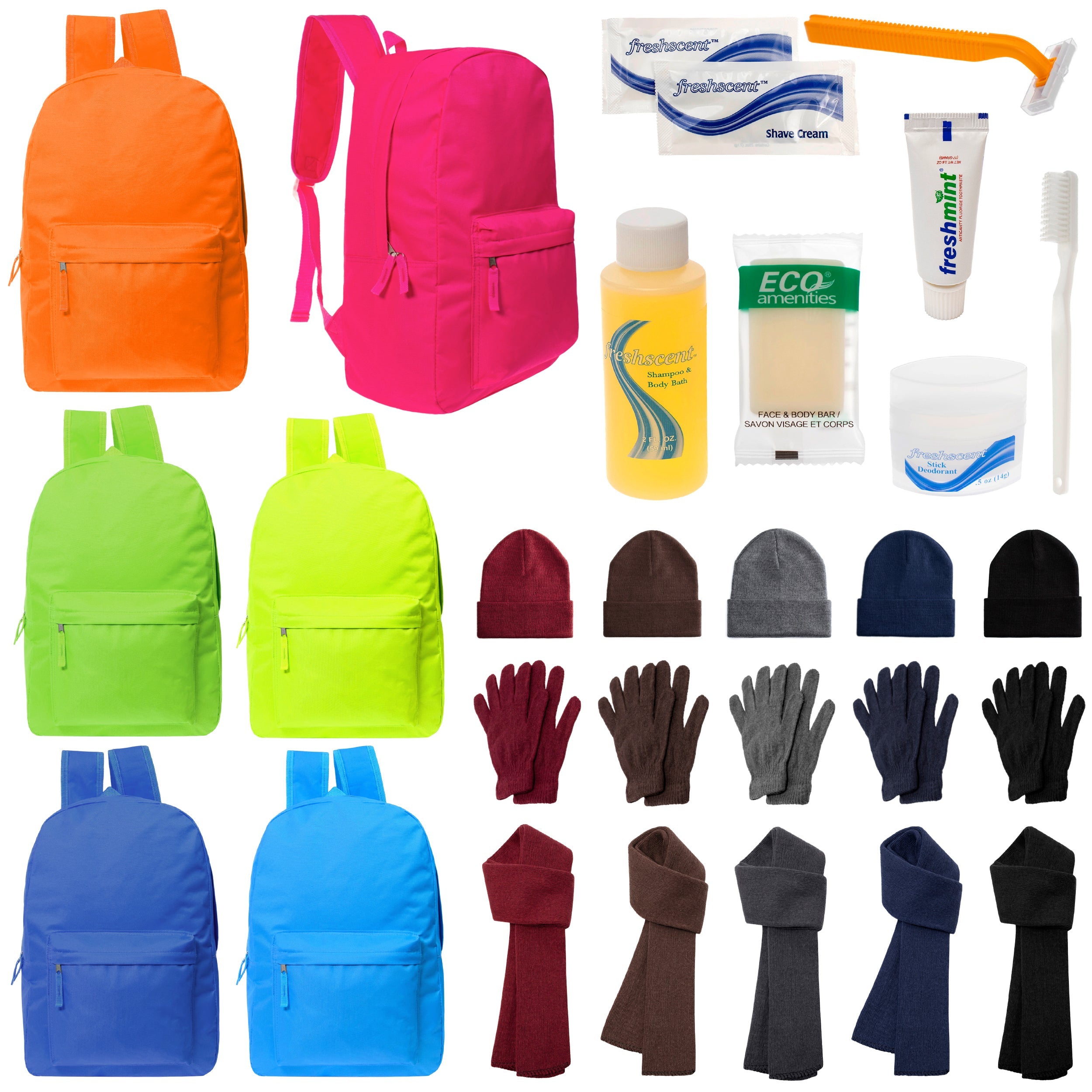 12 Deluxe Bungee 17" Backpacks in 8 Colors, 12 Winter Item Sets & Your Choice of 12 Bulk Hygiene Kits - Wholesale Homeless Care Package