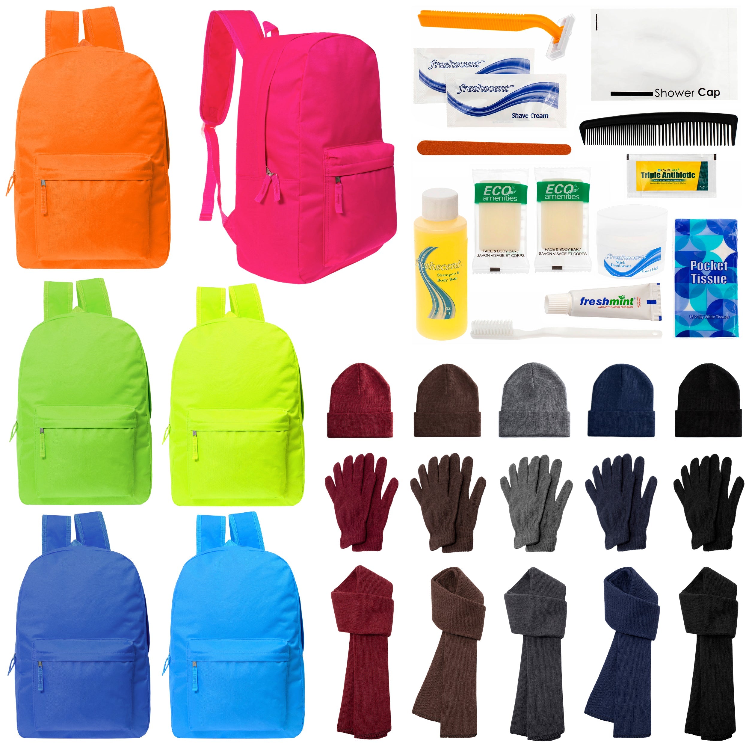 12 Deluxe Bungee 17" Backpacks in 8 Colors, 12 Winter Item Sets & Your Choice of 12 Bulk Hygiene Kits - Wholesale Homeless Care Package