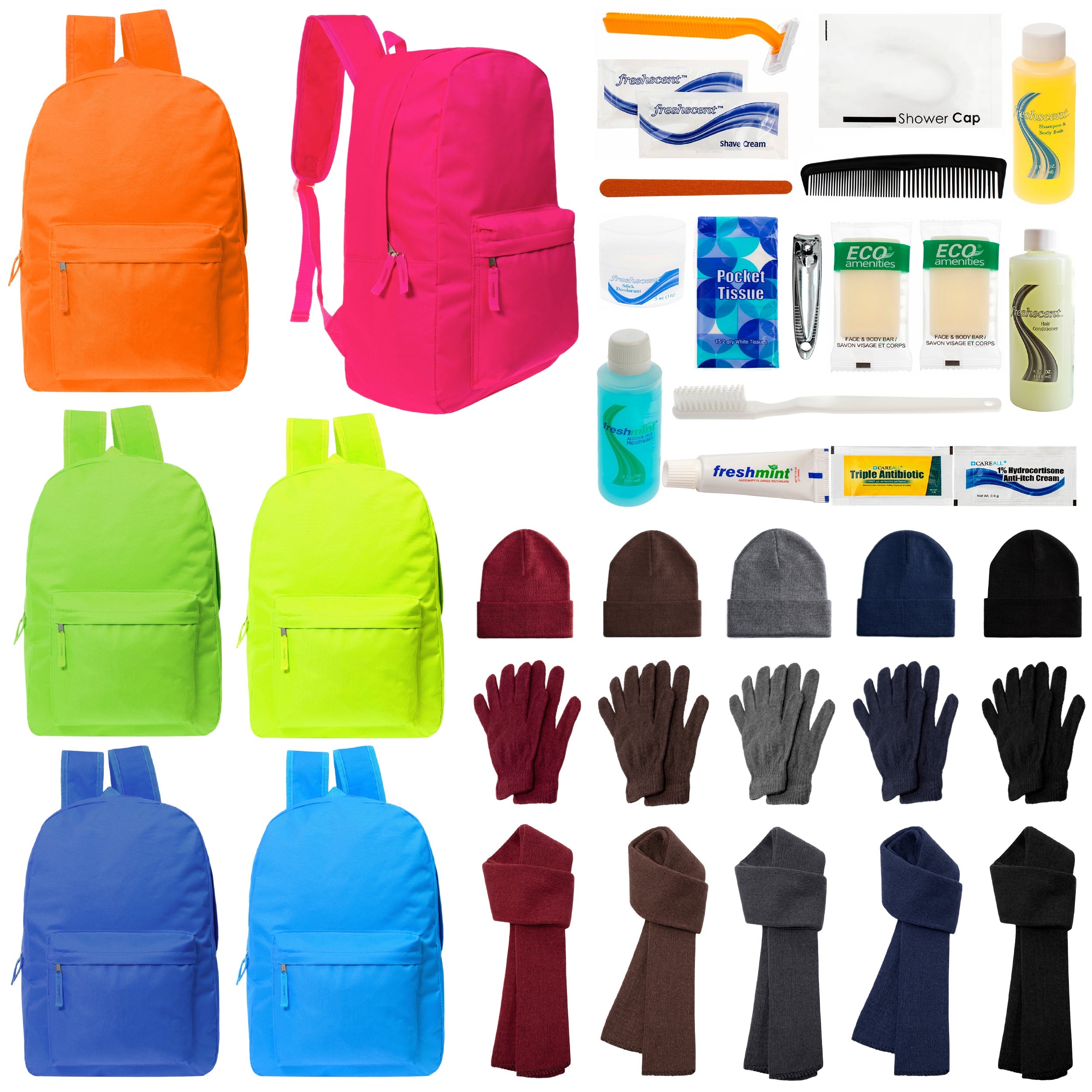 12 Bright 17" Backpacks in 6 Colors, 12 Winter Item Sets & Your Choice of 12 Bulk Hygiene Kits - Wholesale Homeless Care Package