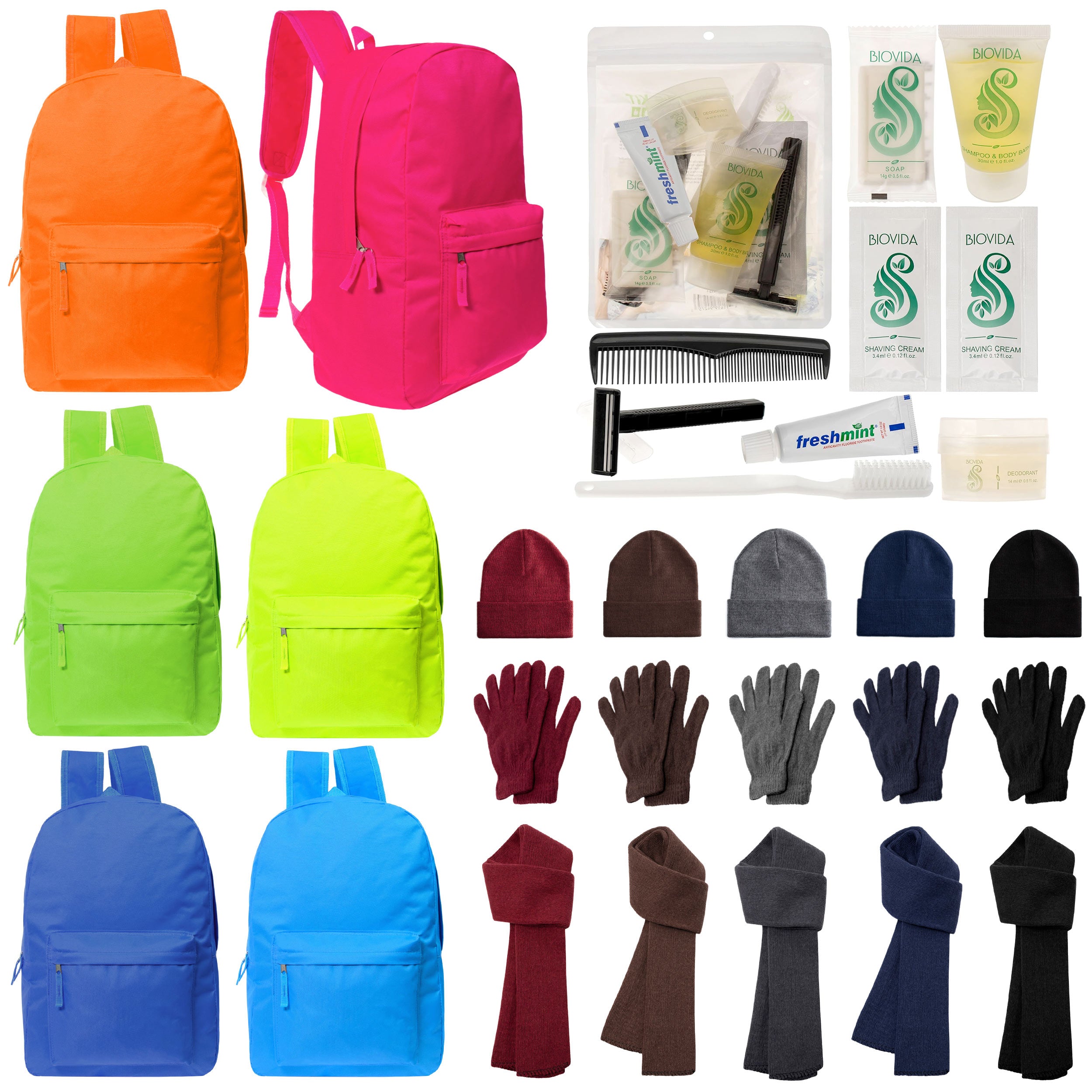 12 Deluxe Bungee 17" Backpacks in 8 Colors, 12 Winter Item Sets & Your Choice of 12 Bulk Hygiene Kits - Wholesale Homeless Care Package