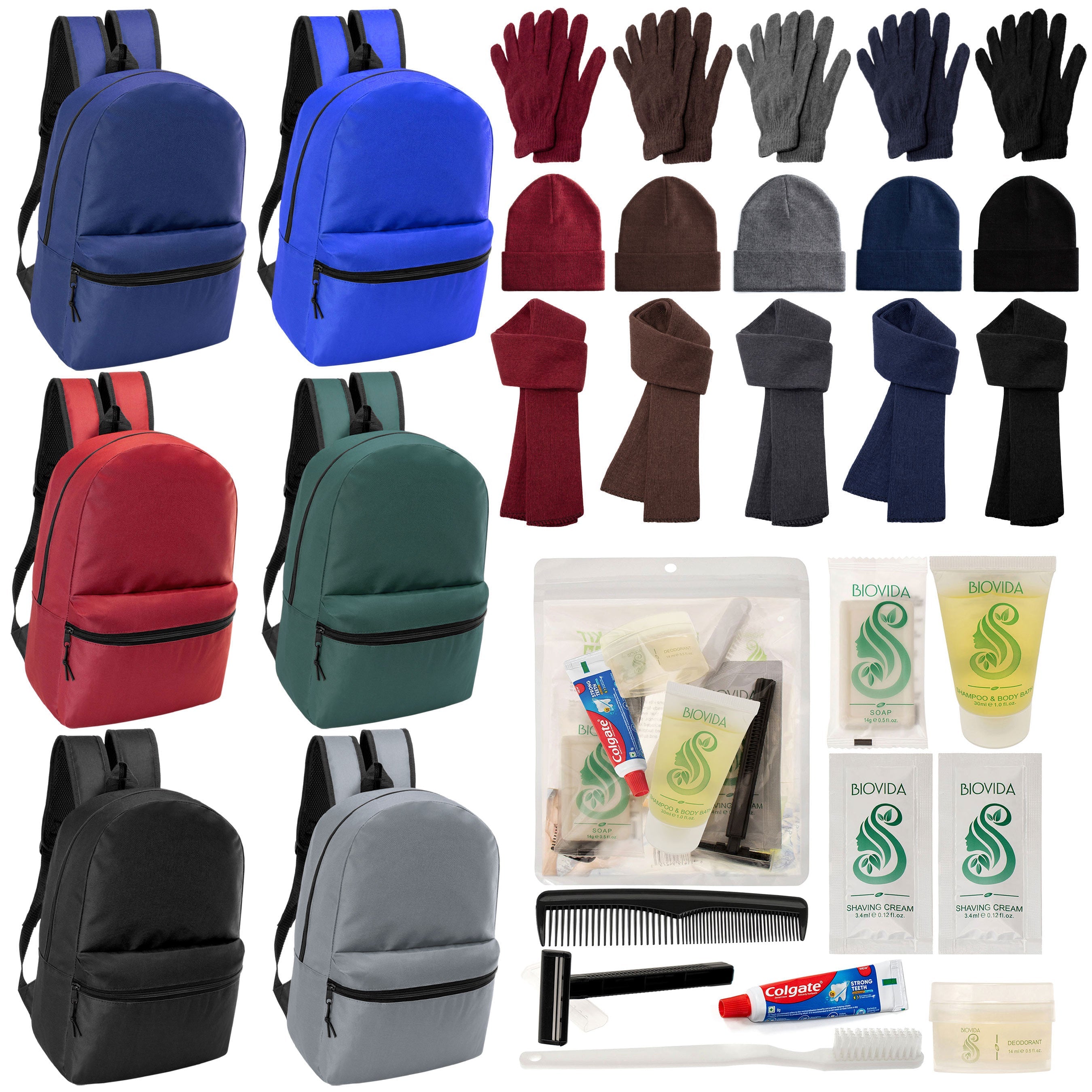 12 Basic 17" Backpacks in 6 Colors, 12 Winter Item Sets & Your Choice of 12 Bulk Hygiene Kits - Wholesale Homeless Care Package