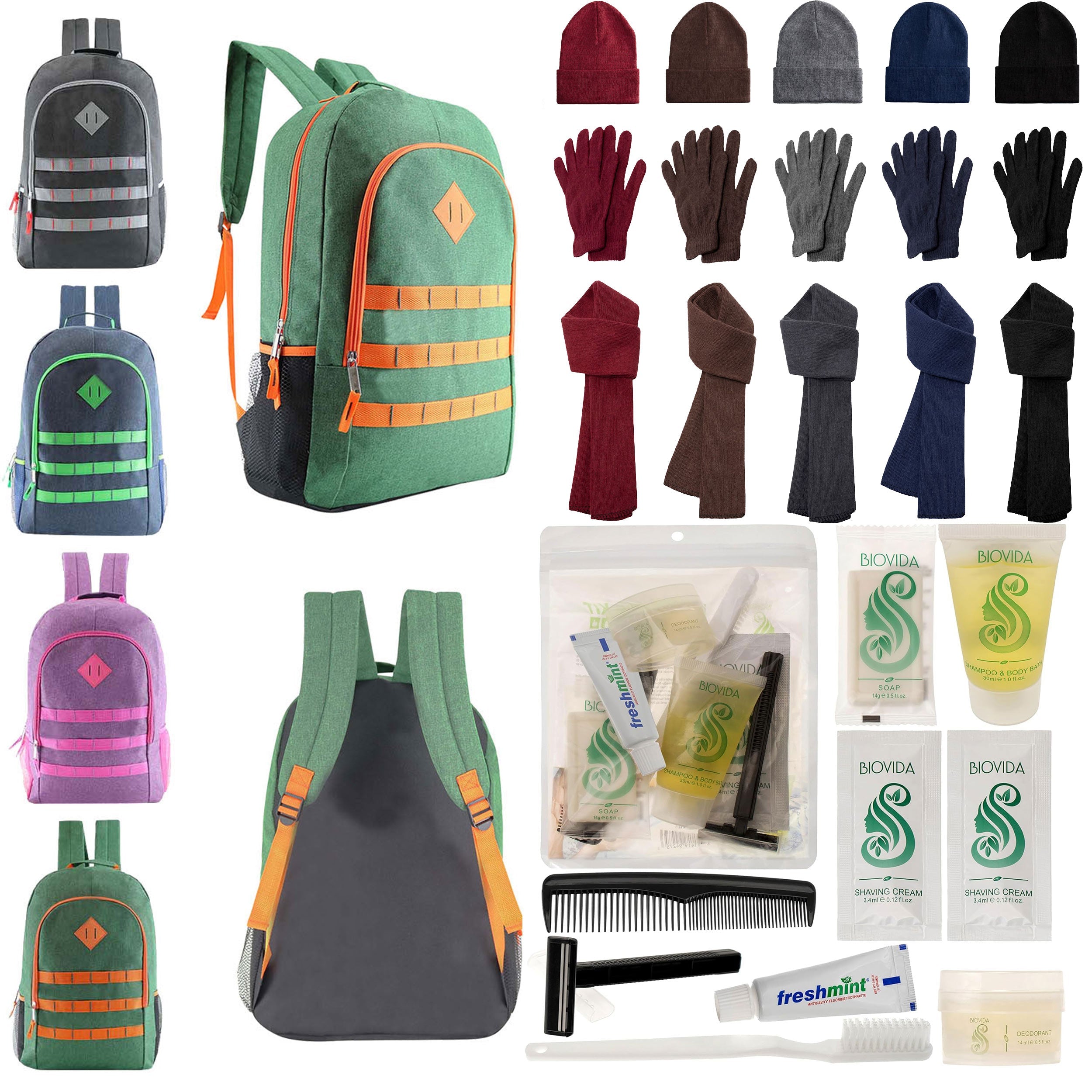 12 Deluxe 19" Backpacks in 4 Colors, 12 Winter Item Sets & Your Choice of 12 Bulk Hygiene Kits - Wholesale Homeless Care Package