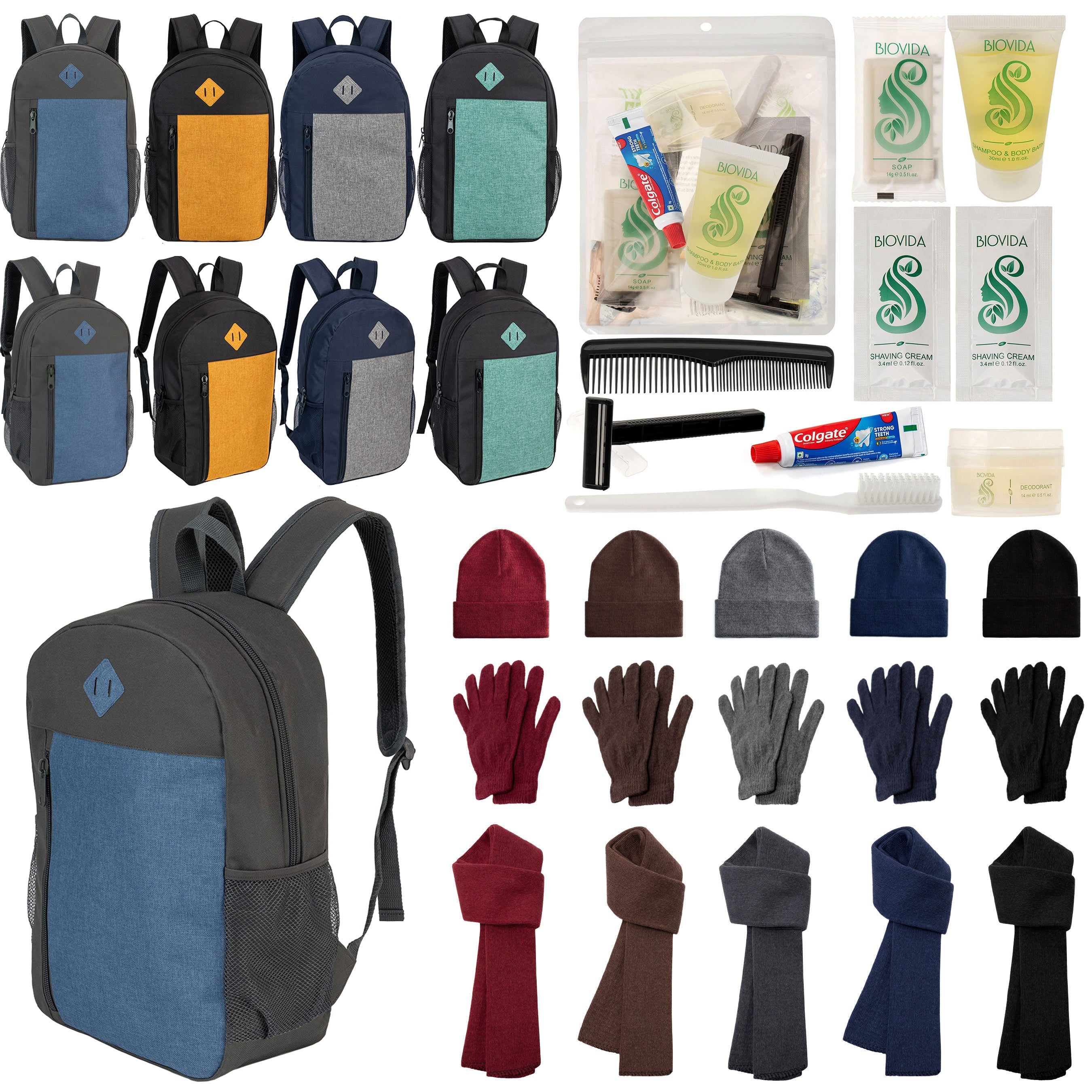 12 Large 19" Backpacks, 12 Winter Item Sets & Your Choice of 12 Bulk Hygiene Kits - Wholesale Homeless Care Package